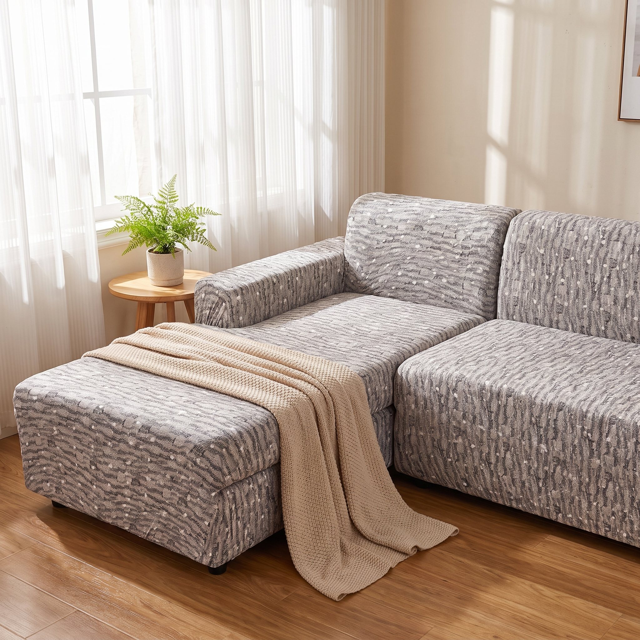 Stretch Sectional Couch Cover – Taupe Textured Weave Print shown in a styled home interior | Brivenzo