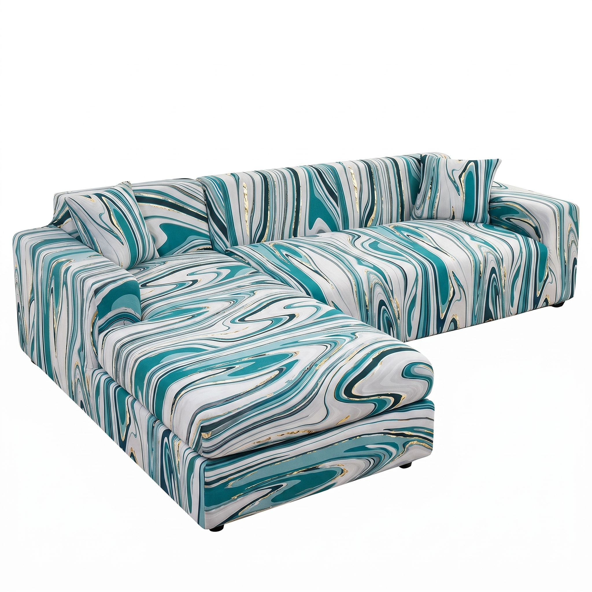 Stretch Sectional Couch Cover – Teal Marble Swirl Print – product photo on a white background | Brivenzo