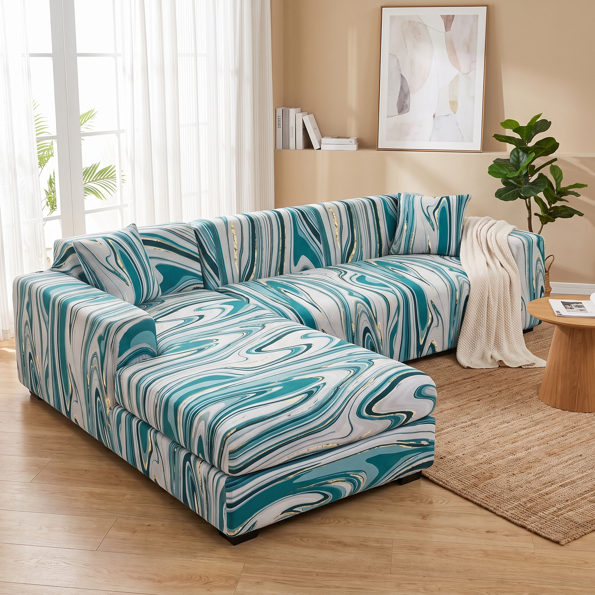 Stretch Sectional Couch Cover – Teal Marble Swirl Print shown in a styled home interior | Brivenzo