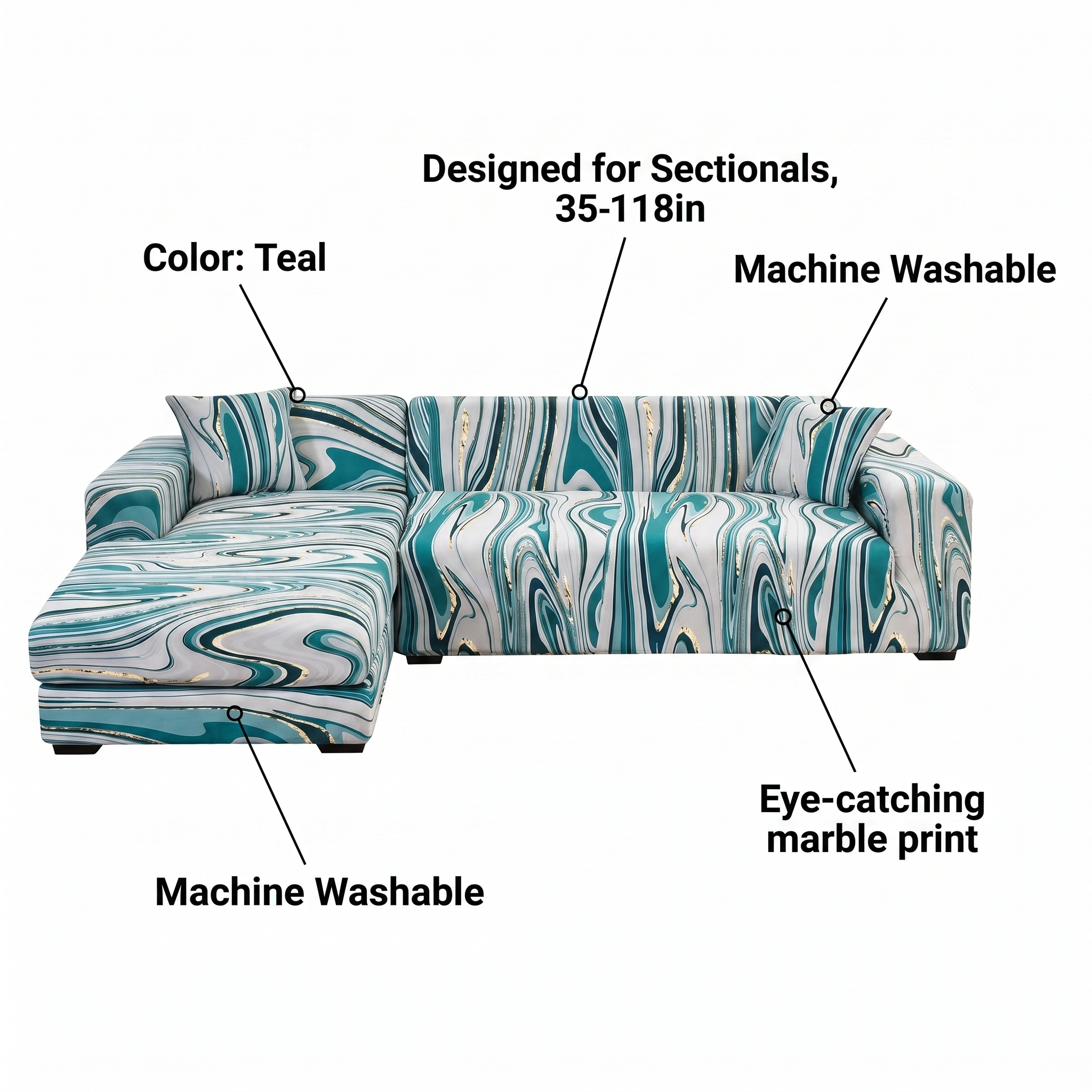 Stretch Sectional Couch Cover – Teal Marble Swirl Print – features and specifications overview | Brivenzo
