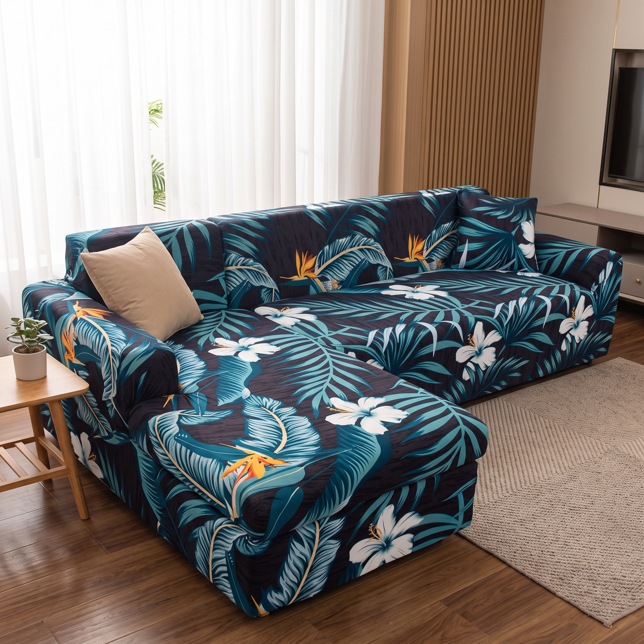 Stretch Sectional Couch Cover – Teal Tropical Floral Print shown in a styled home interior | Brivenzo
