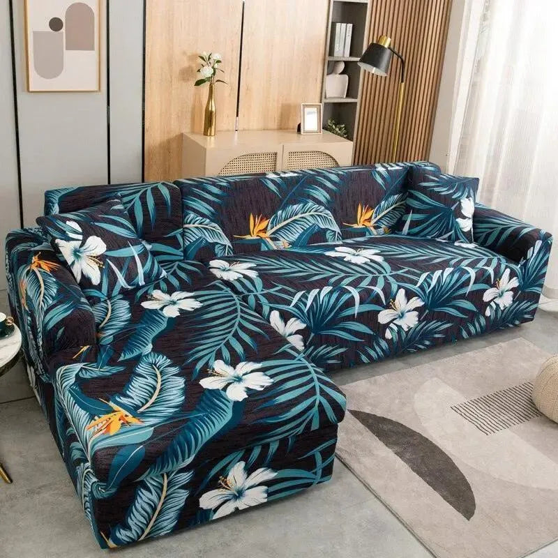 Stretch Sectional Couch Cover – Teal Tropical Floral Print – product view 4 | Brivenzo
