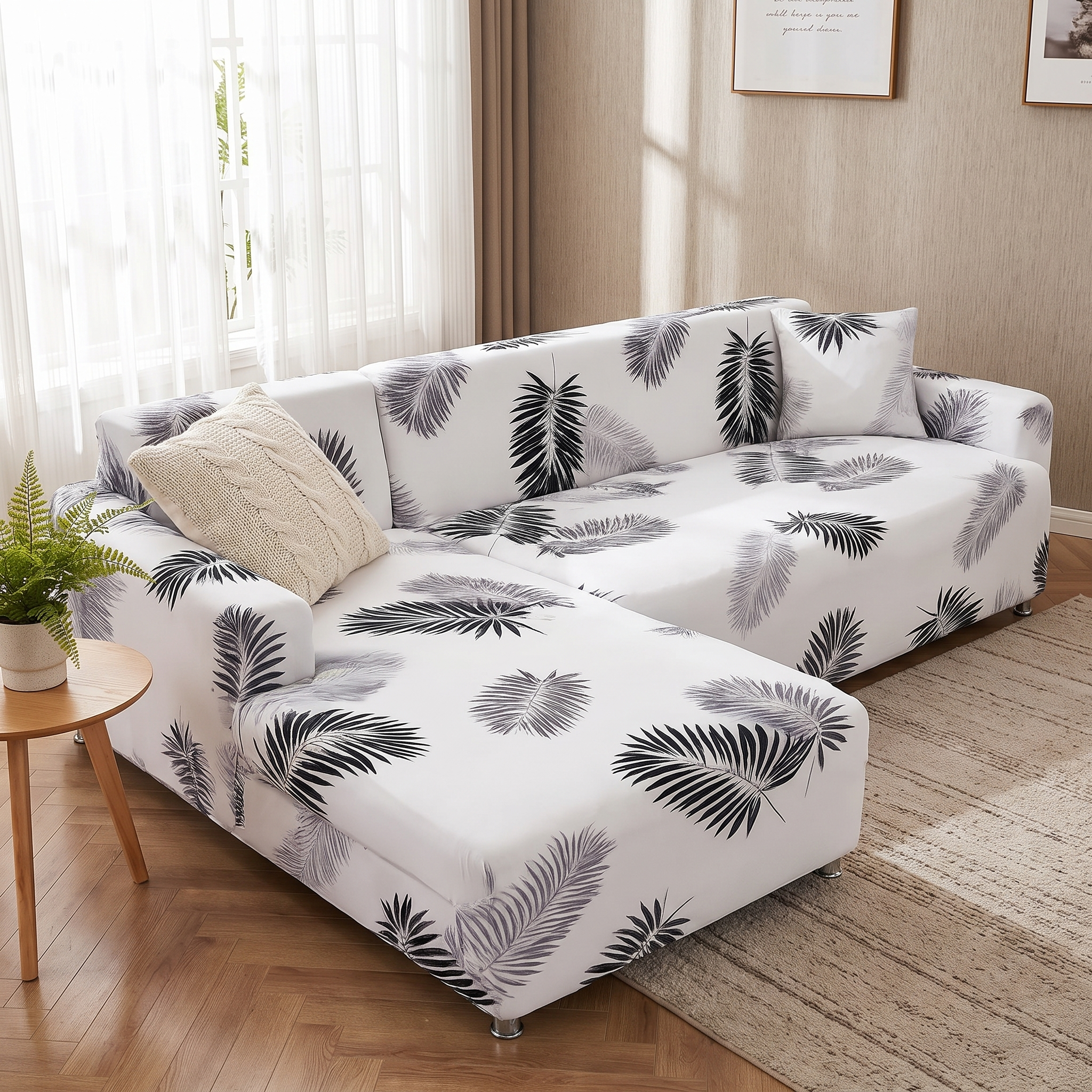 Stretch Sectional Couch Cover – White Grey Palm Leaf Print shown in a styled home interior | Brivenzo