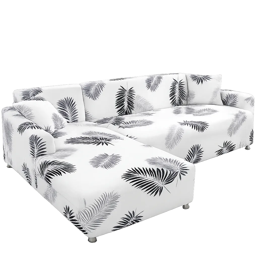 Stretch Sectional Couch Cover – White Grey Palm Leaf Print – product view 1 | Brivenzo