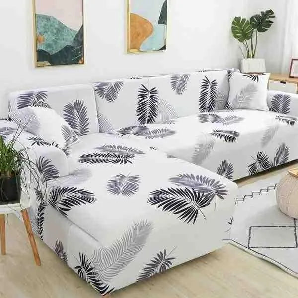 Stretch Sectional Couch Cover – White Grey Palm Leaf Print – product view 4 | Brivenzo