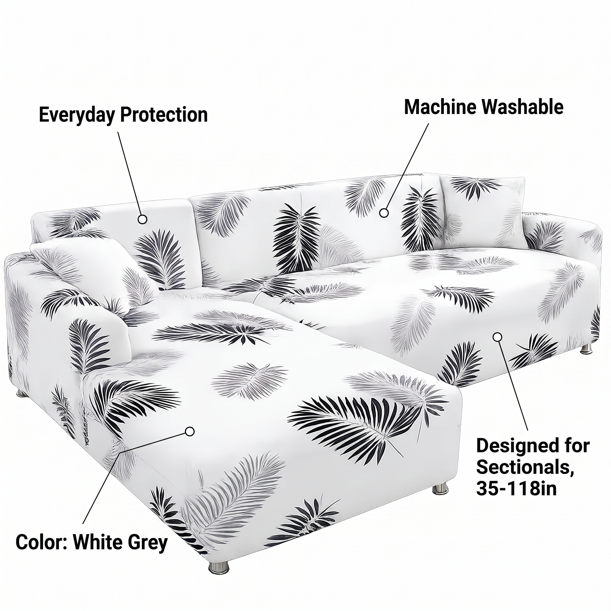 Stretch Sectional Couch Cover – White Grey Palm Leaf Print – features and specifications overview | Brivenzo
