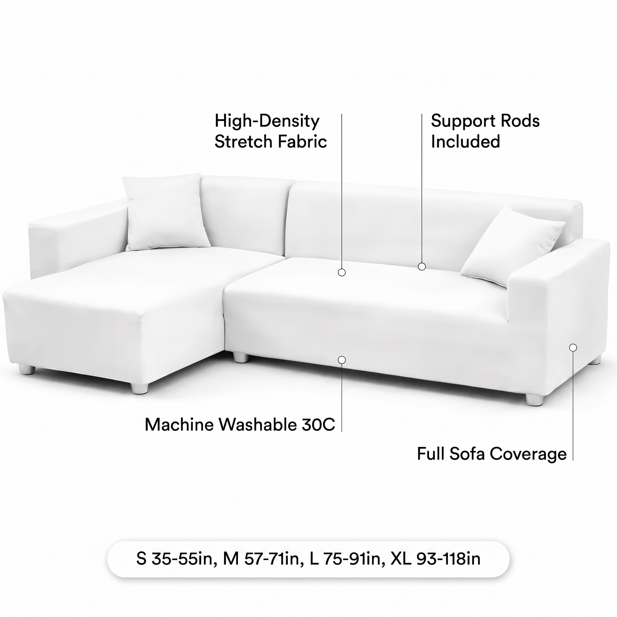 Stretch Sectional Couch Cover – White Stretch Fabric – product view 3 | Brivenzo