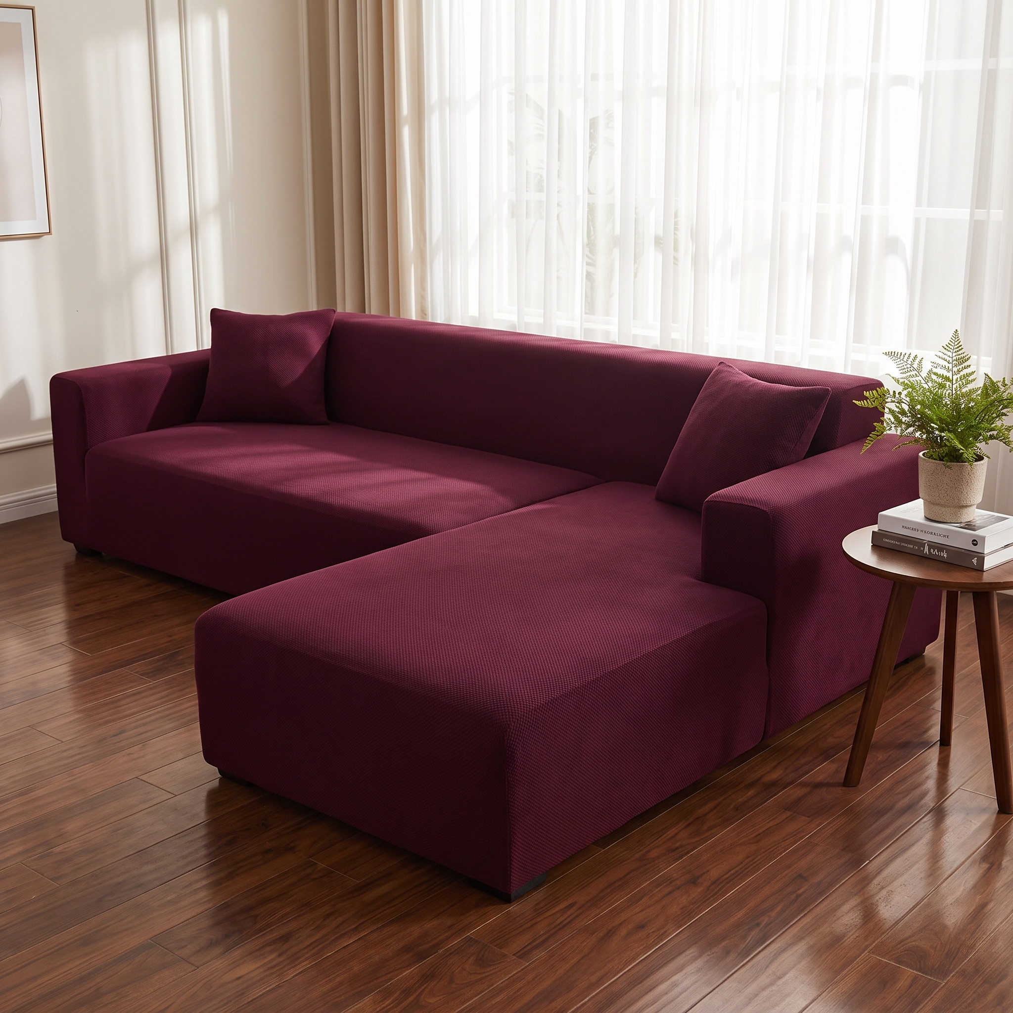 Stretch Sectional Couch Cover – Wine Red Stretch Fabric shown in a styled home interior | Brivenzo