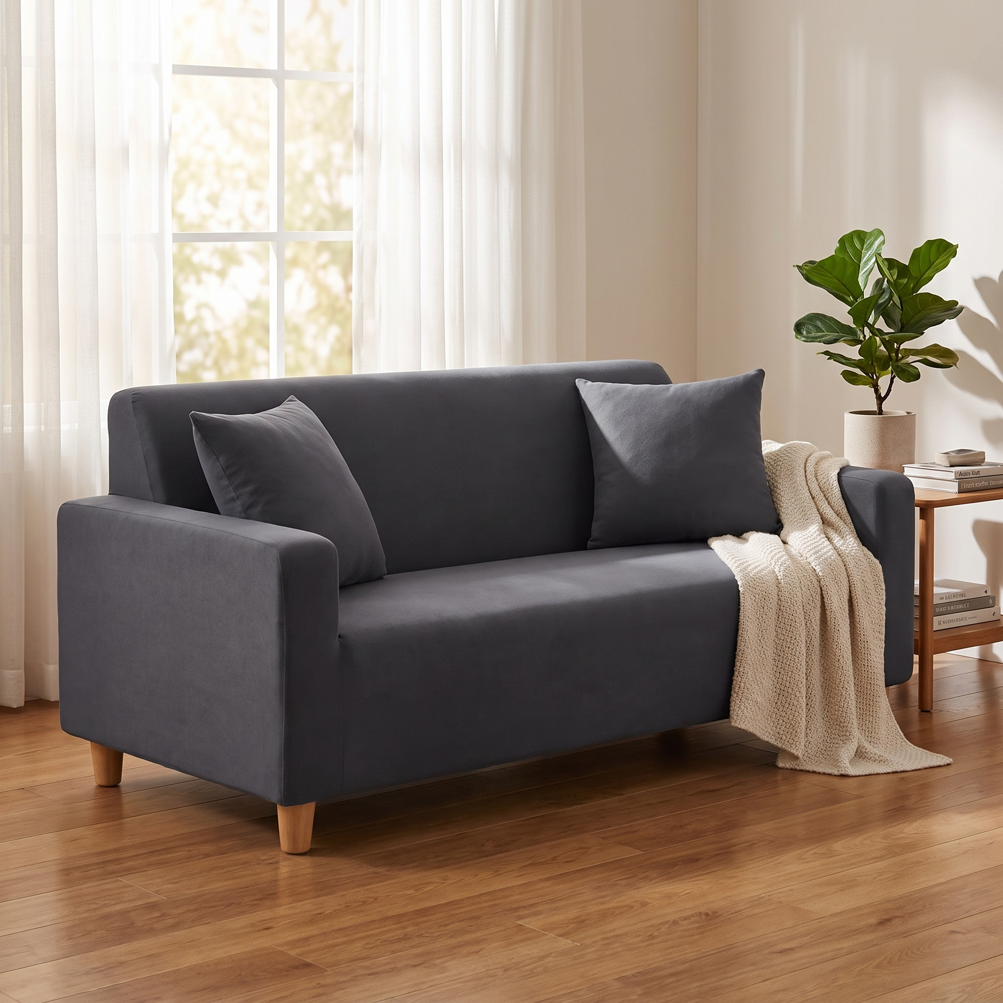 Anthracite Grey Stretch Sofa Slipcover in living room