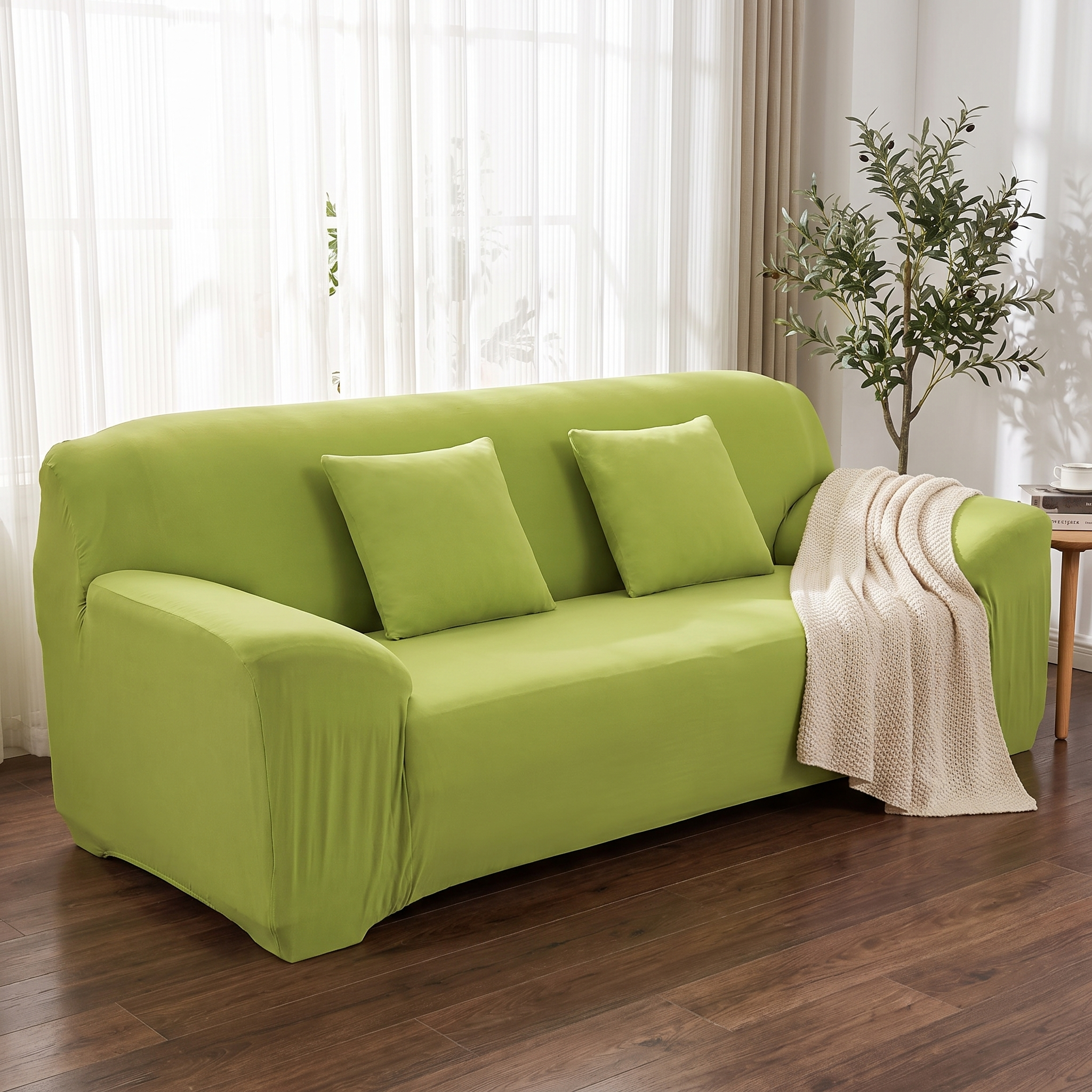 Apple Green Stretch Sofa Slipcover in living room
