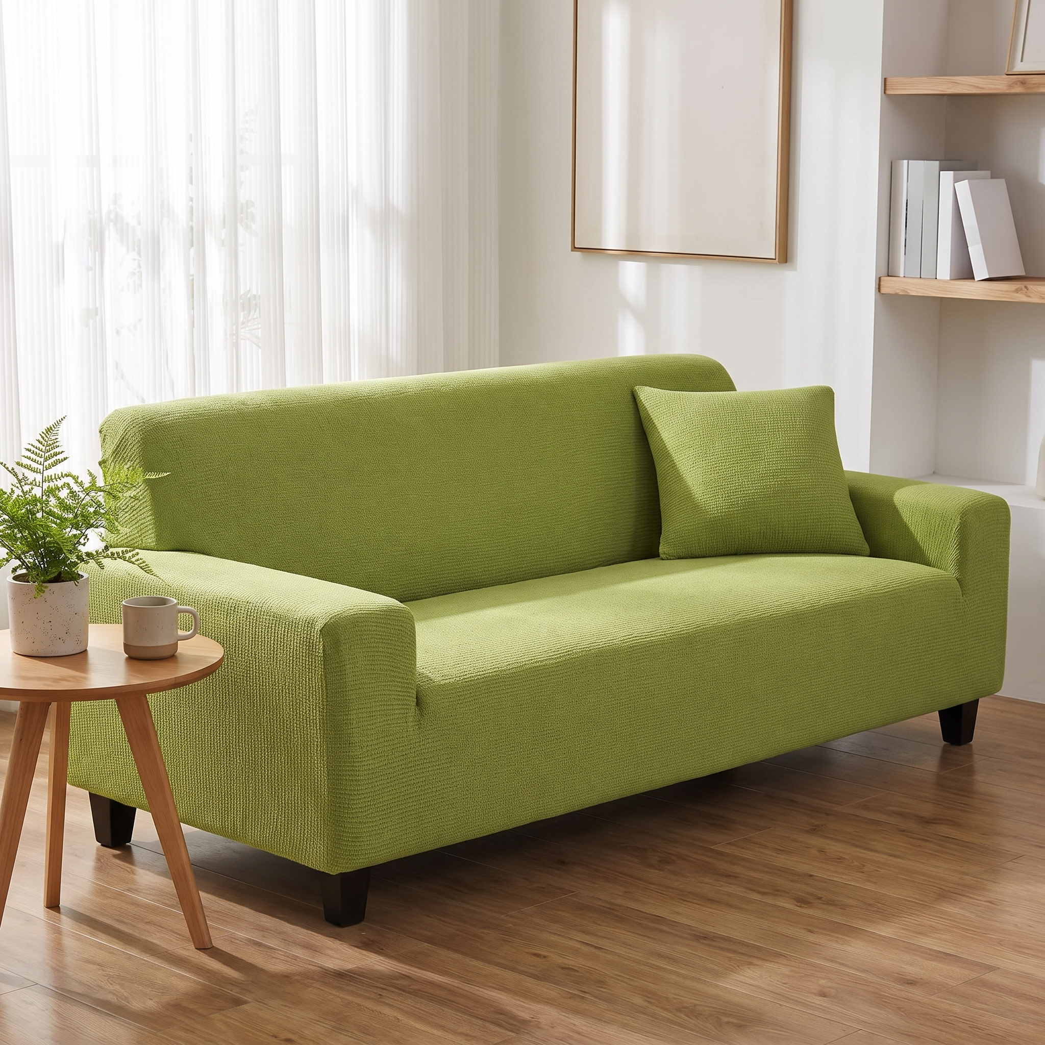 Stretch Sofa Slipcover – Apple Green shown in a styled home interior | Brivenzo