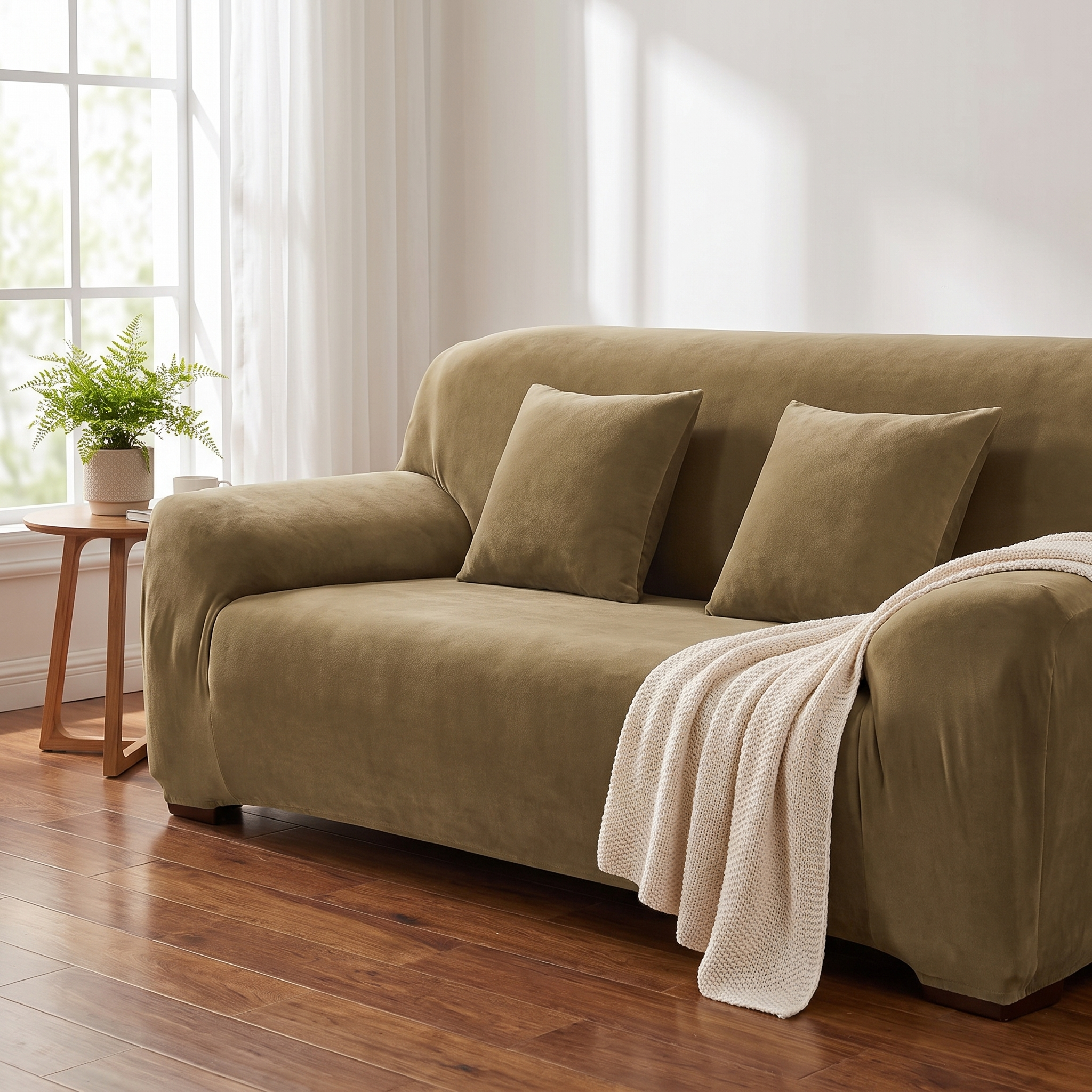 Stretch Sofa Slipcover – Army Green Velvet shown in a styled home interior | Brivenzo