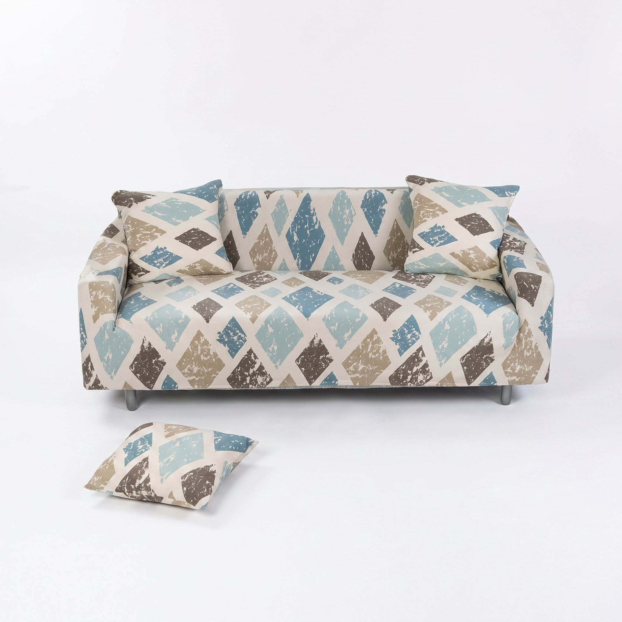 Stretch Sofa Slipcover – Beige Blue Diamond Print – product photo on a white background | Brivenzo
