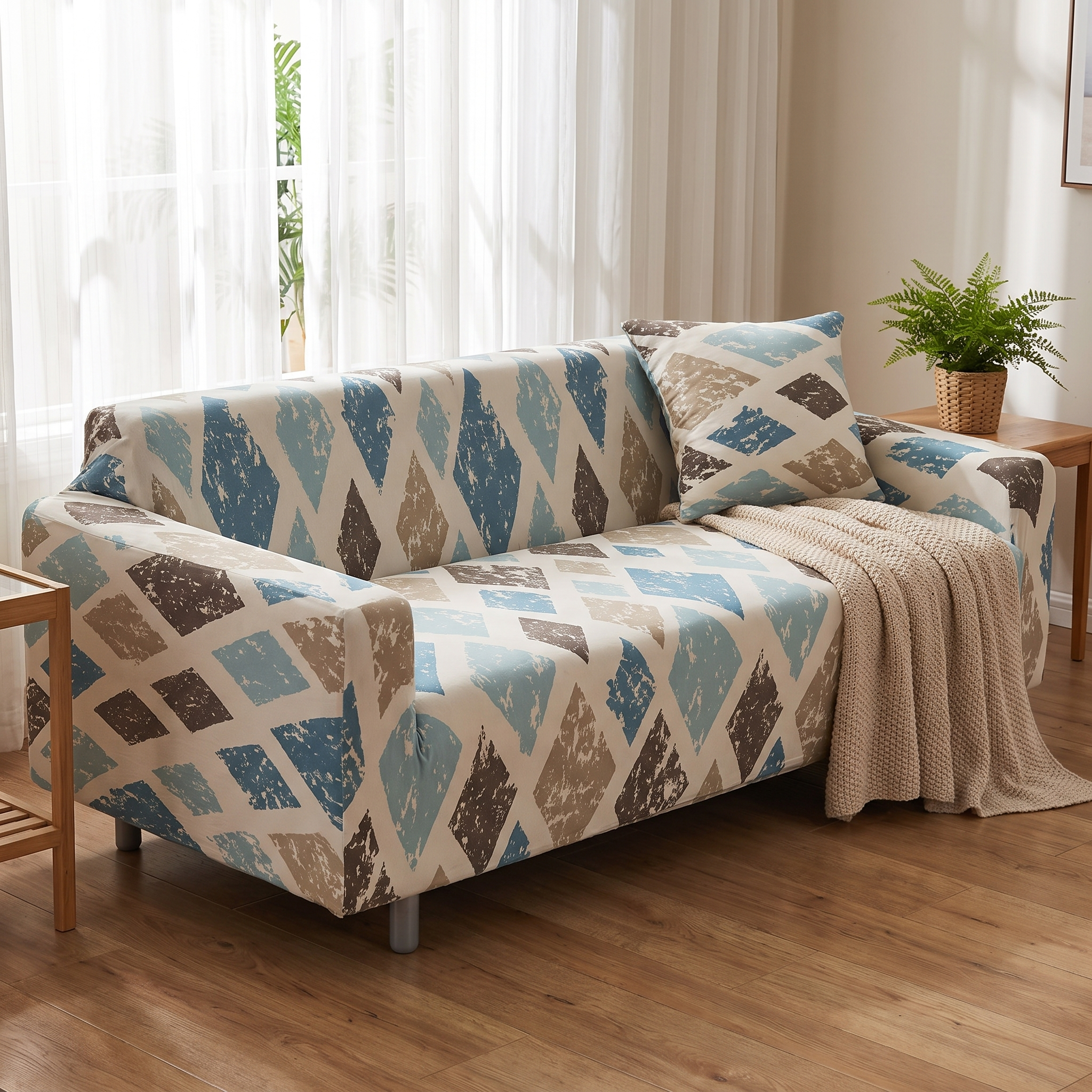 Stretch Sofa Slipcover – Beige Blue Diamond Print shown in a styled home interior | Brivenzo