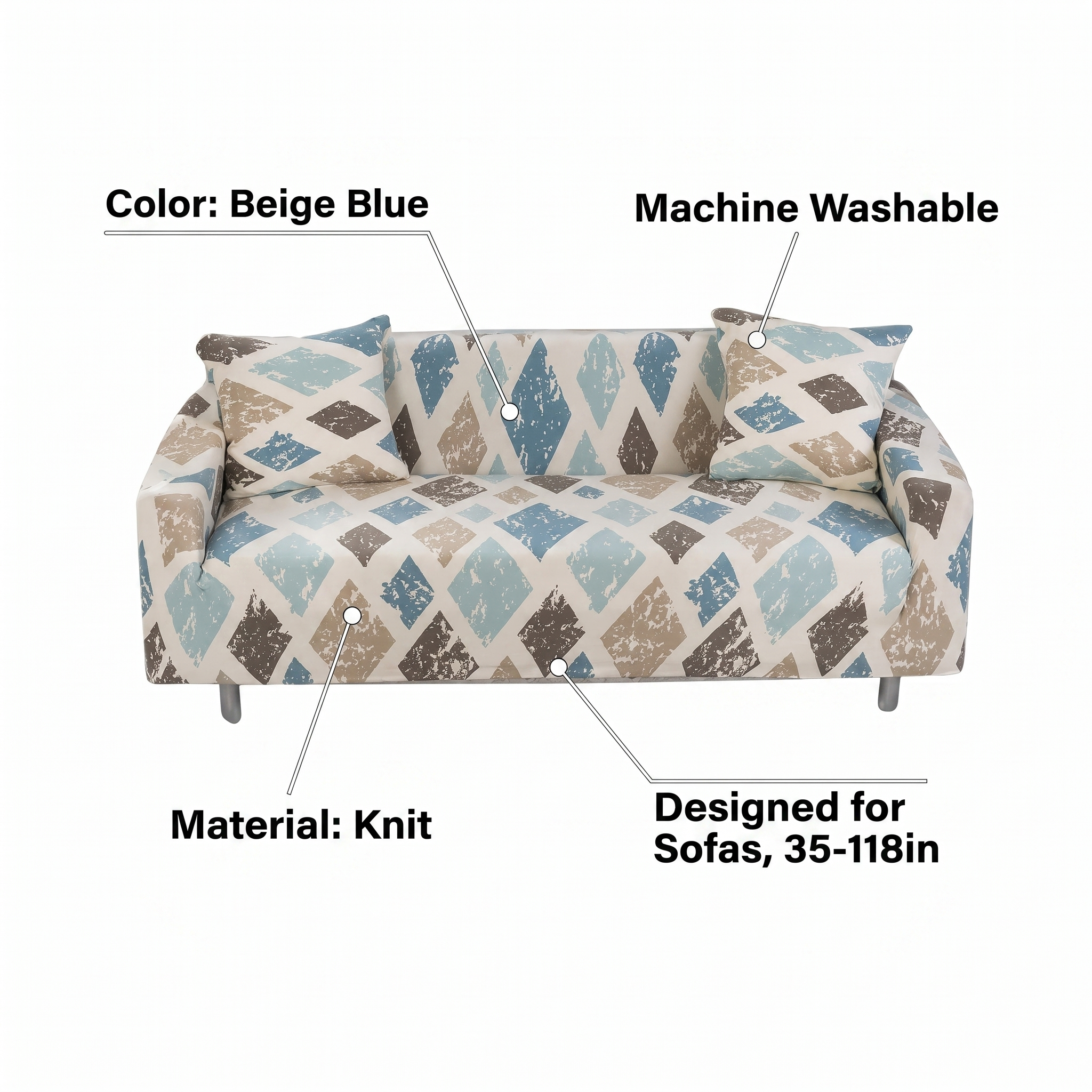 Stretch Sofa Slipcover – Beige Blue Diamond Print – features and specifications overview | Brivenzo