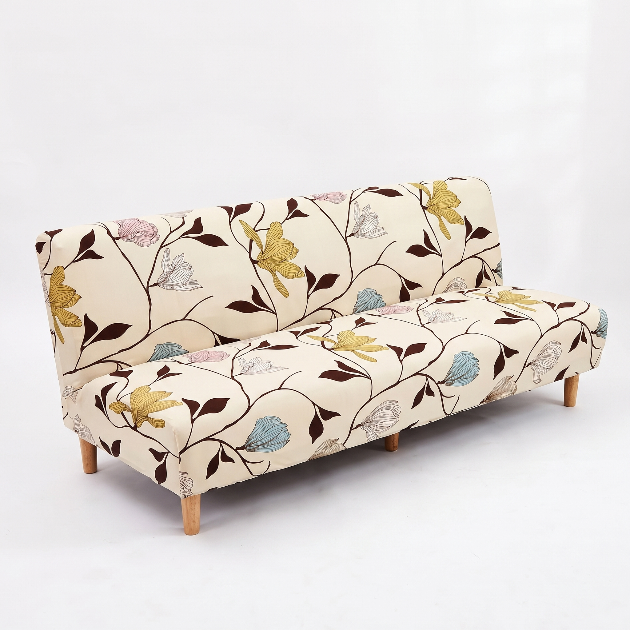 Stretch Sofa Slipcover – Beige Floral Line Print Sofa Bed – product photo on a white background | Brivenzo