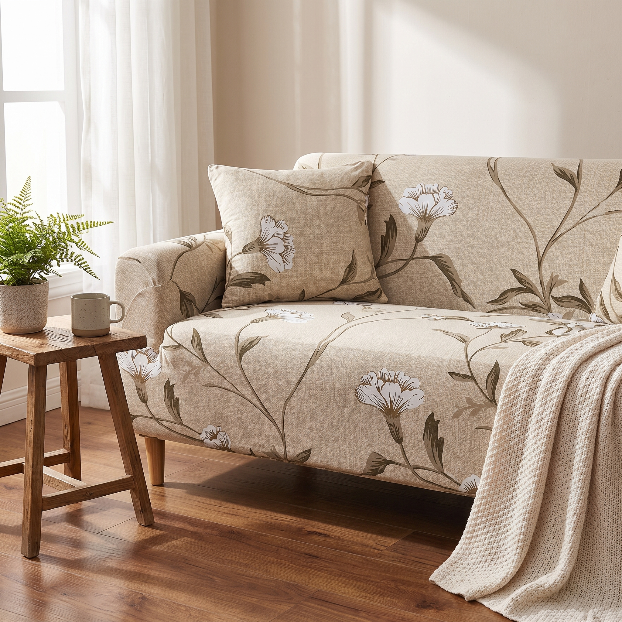 Beige Floral Print sofa cover in a living room