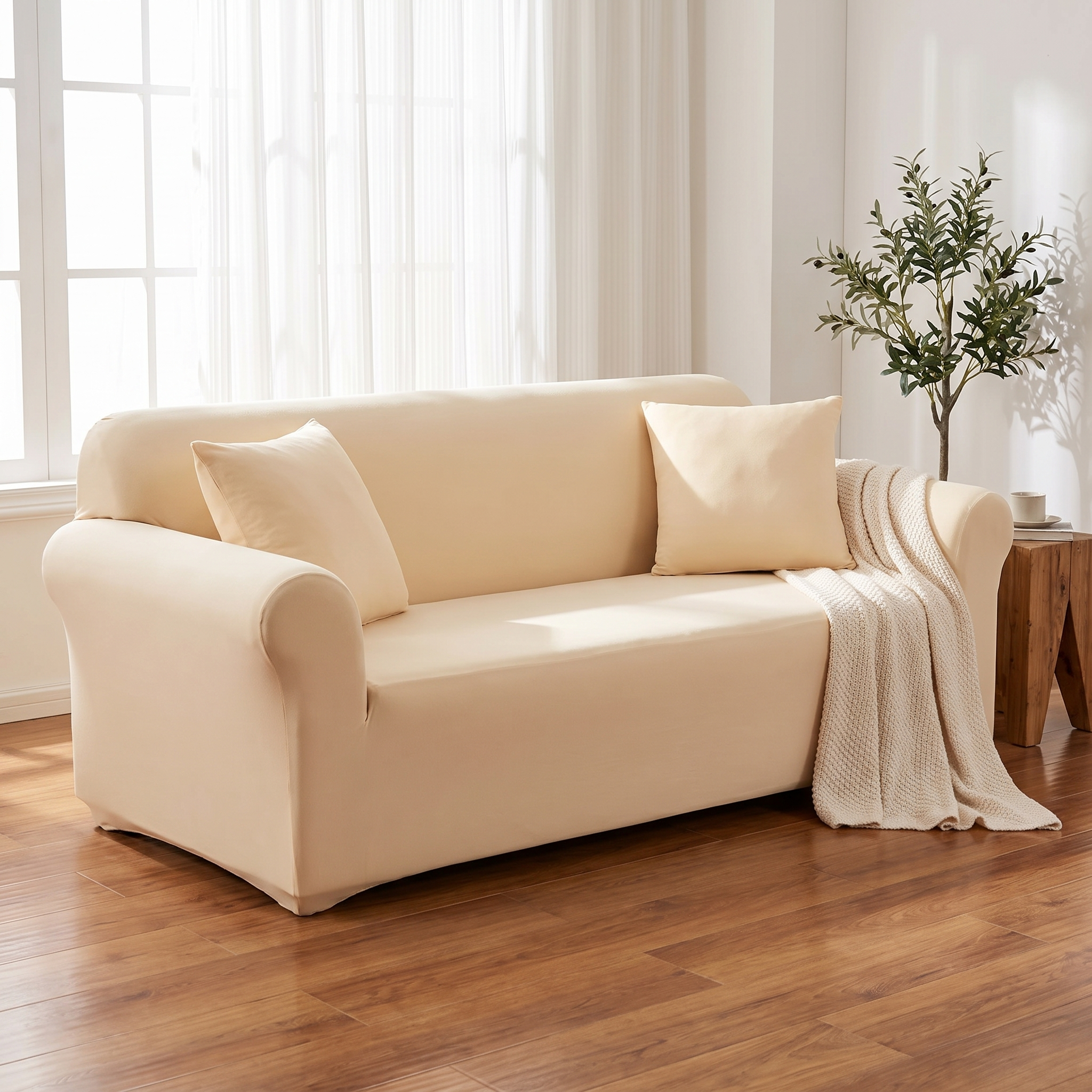 Stretch Sofa Slipcover – Beige shown in a styled home interior | Brivenzo