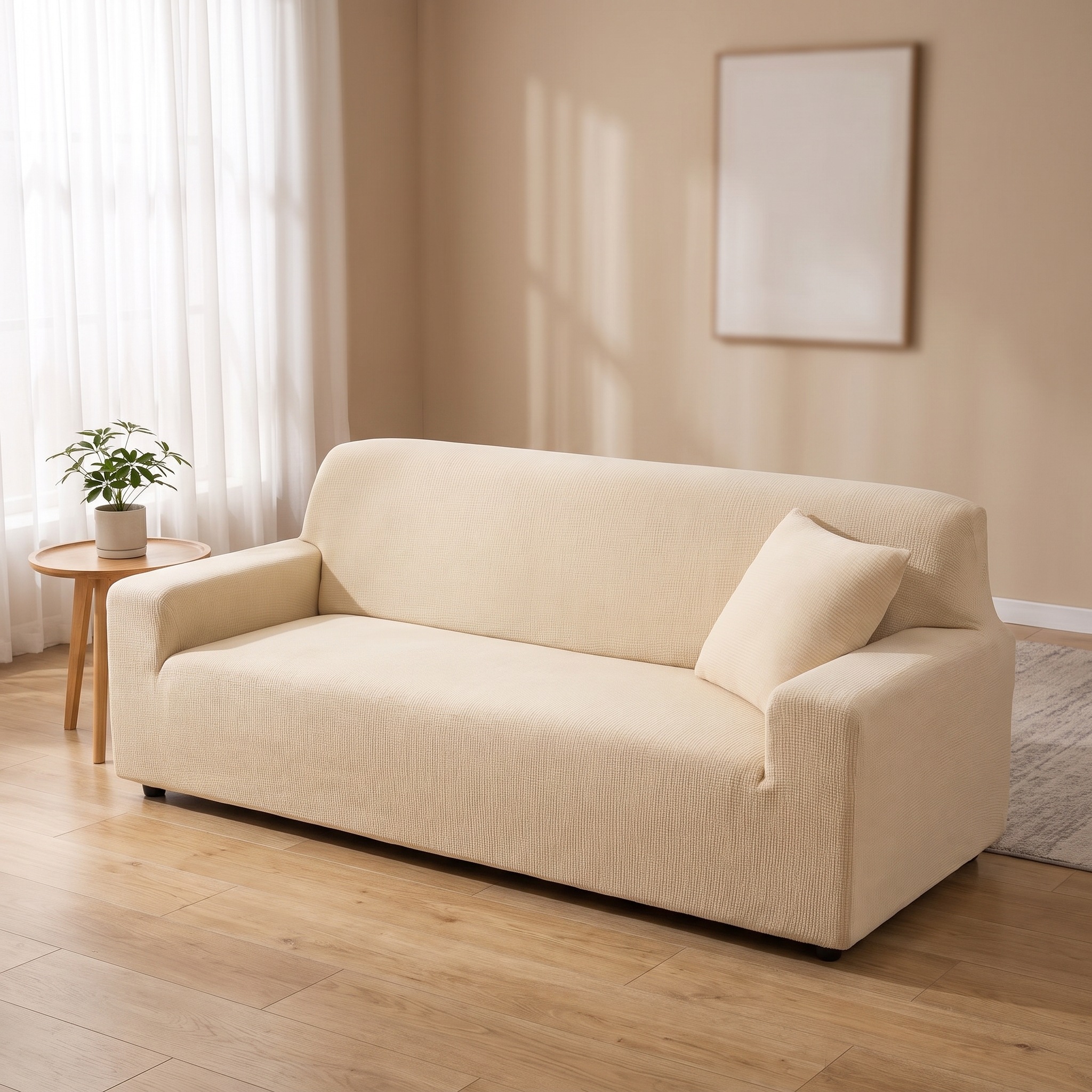 Stretch Sofa Slipcover – Beige Ribbed Stretch Fabric shown in a styled home interior | Brivenzo