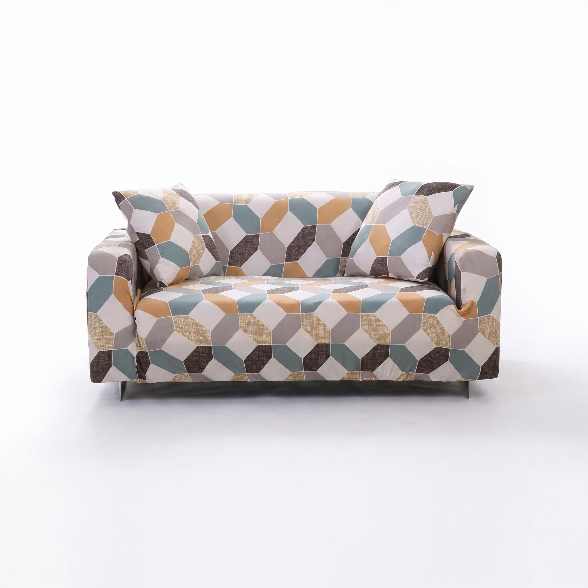 Stretch Sofa Slipcover | Beige Teal Geometric Hexagon Print - main