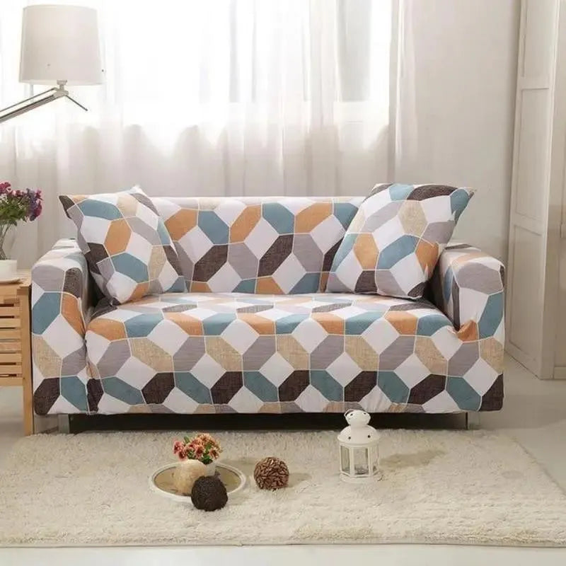 Stretch Sofa Slipcover – Beige Teal Geometric Hexagon Print – product view 4 | Brivenzo