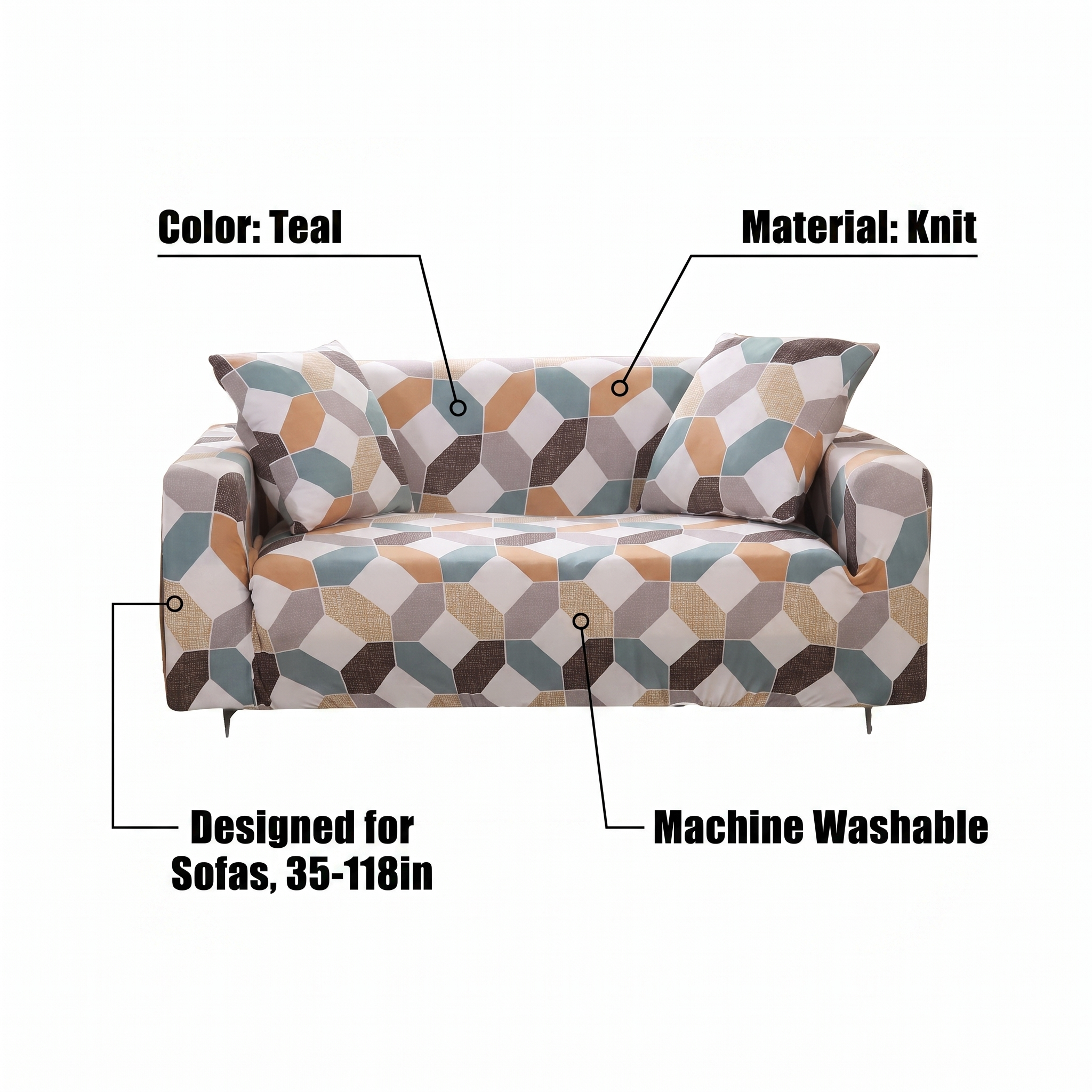 Stretch Sofa Slipcover – Beige Teal Geometric Hexagon Print – features and specifications overview | Brivenzo