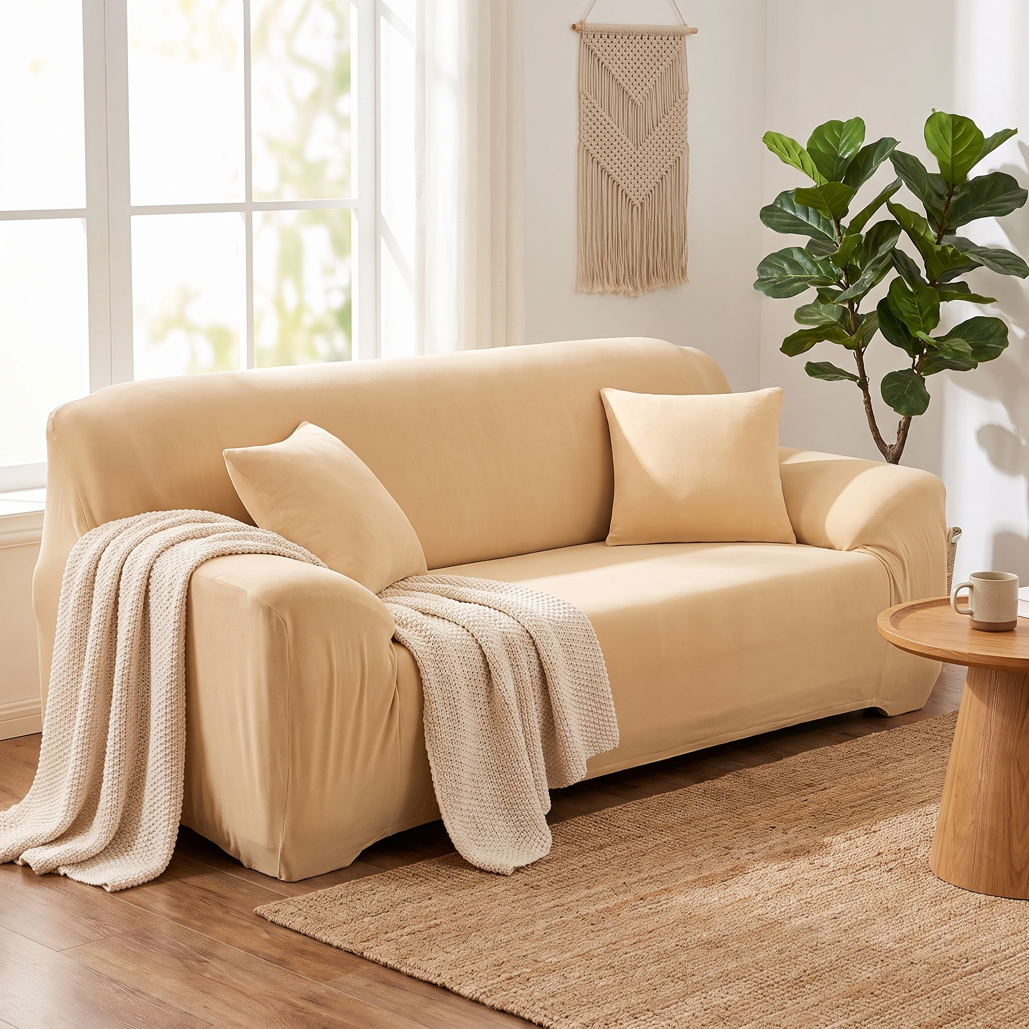 Stretch Sofa Slipcover – Beige Velvet shown in a styled home interior | Brivenzo