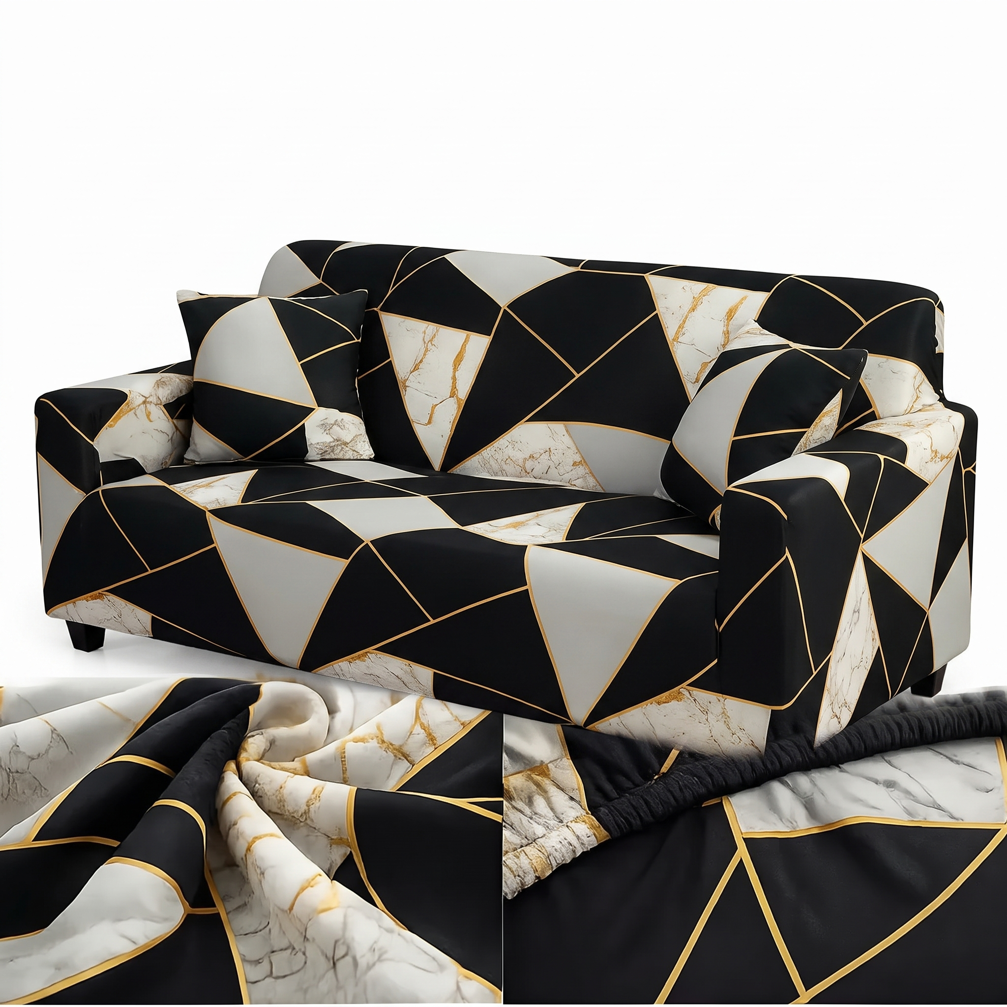 Stretch Sofa Slipcover – Black & Gold Marble Geometric Mosaic – product photo on a white background | Brivenzo