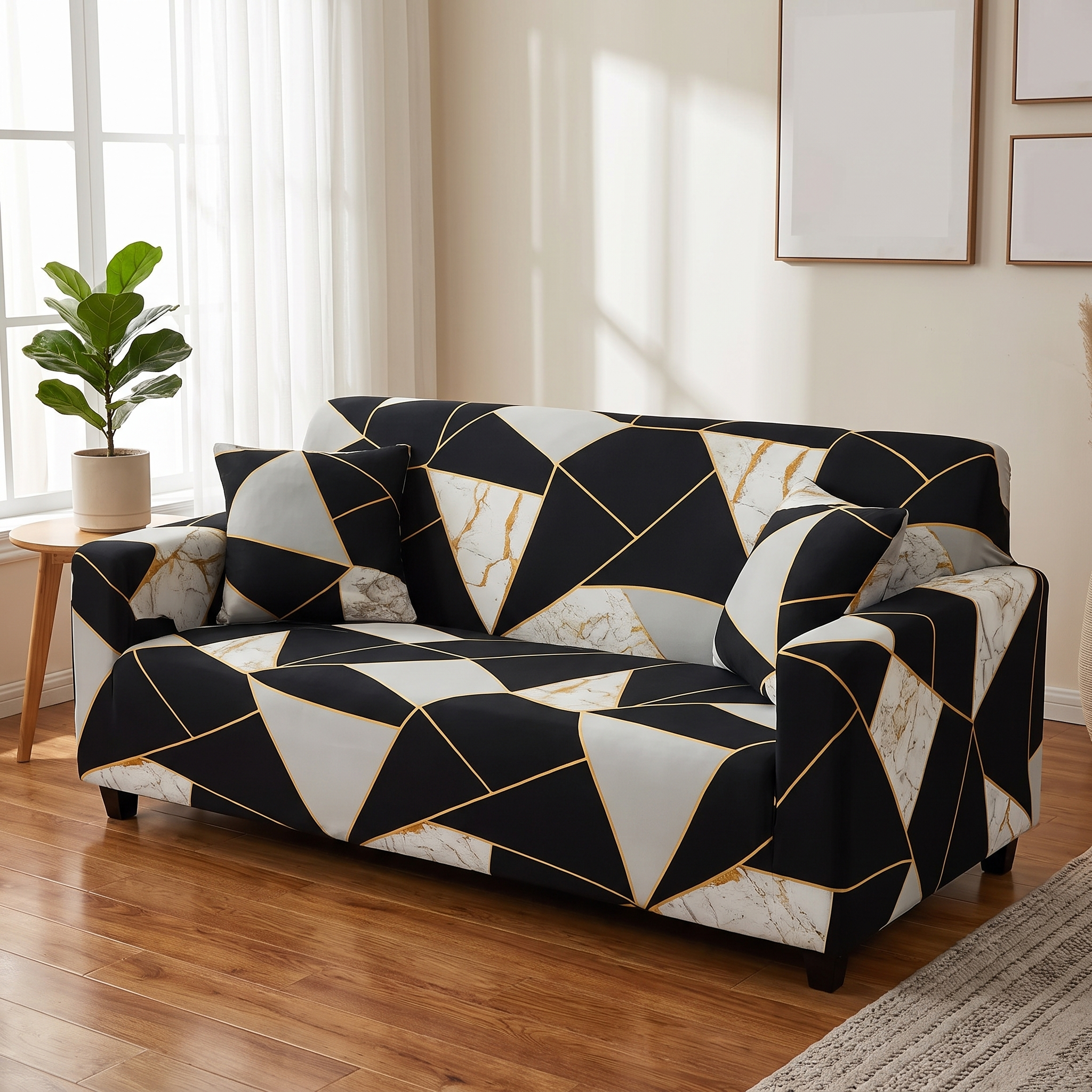 Stretch Sofa Slipcover – Black & Gold Marble Geometric Mosaic shown in a styled home interior | Brivenzo