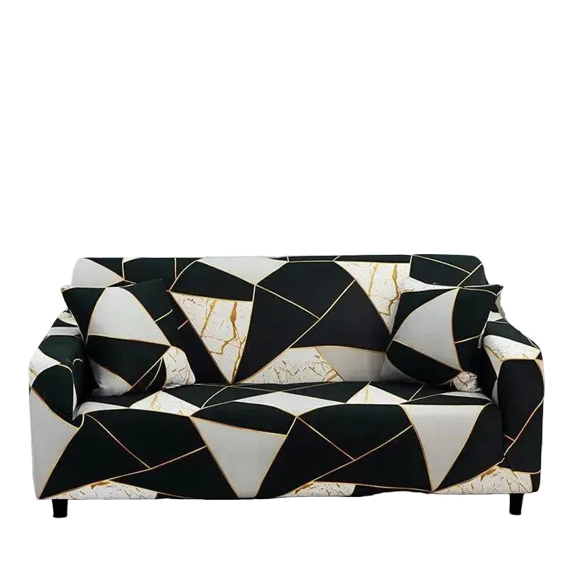 Stretch Sofa Slipcover – Black & Gold Marble Geometric Mosaic – product view 1 | Brivenzo