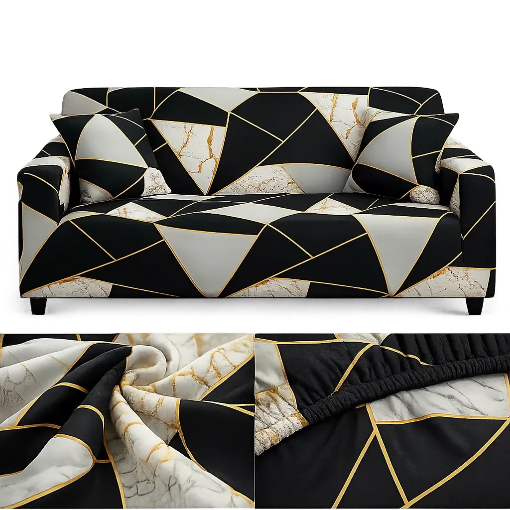 Stretch Sofa Slipcover – Black & Gold Marble Geometric Mosaic – product view 5 | Brivenzo