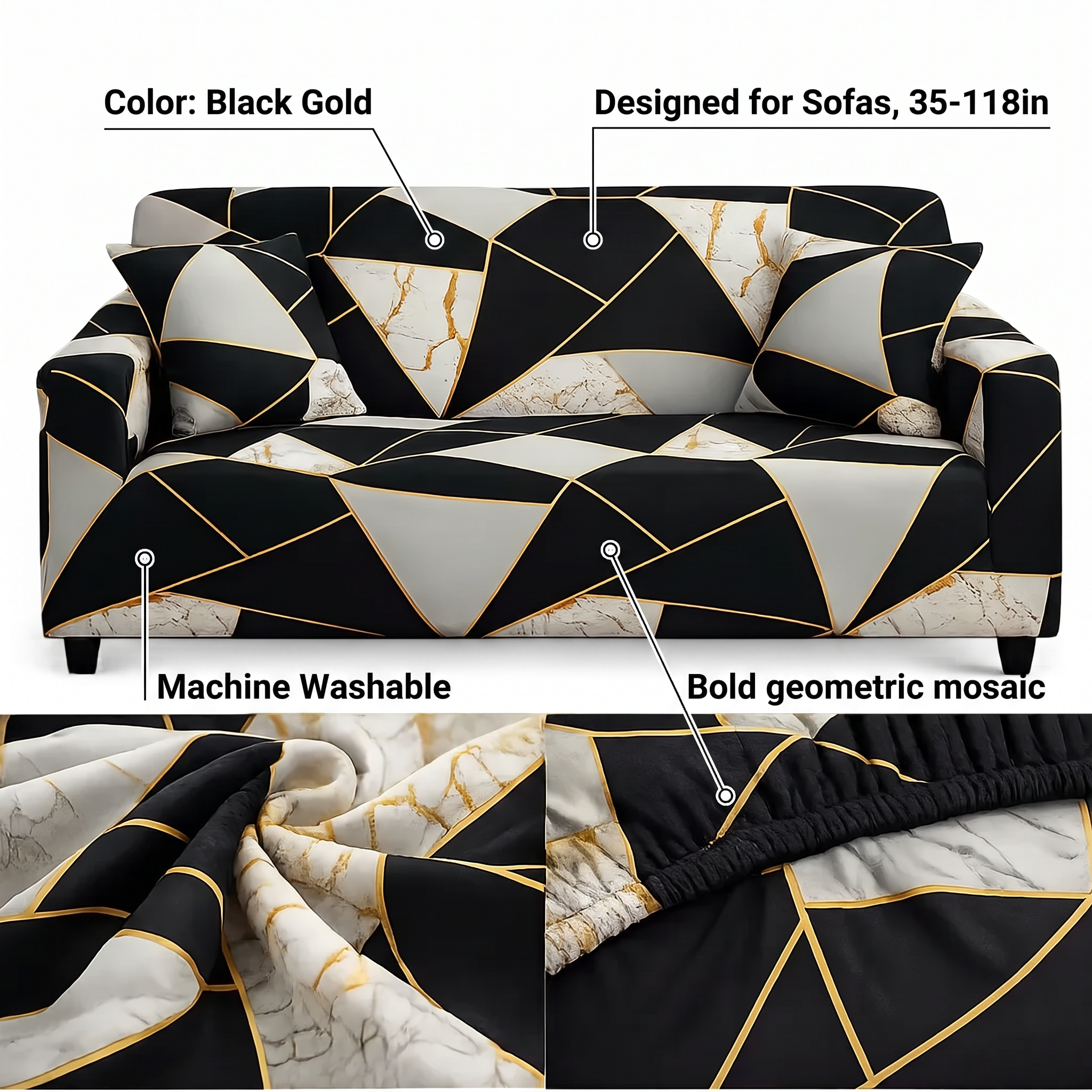 Stretch Sofa Slipcover – Black & Gold Marble Geometric Mosaic – features and specifications overview | Brivenzo