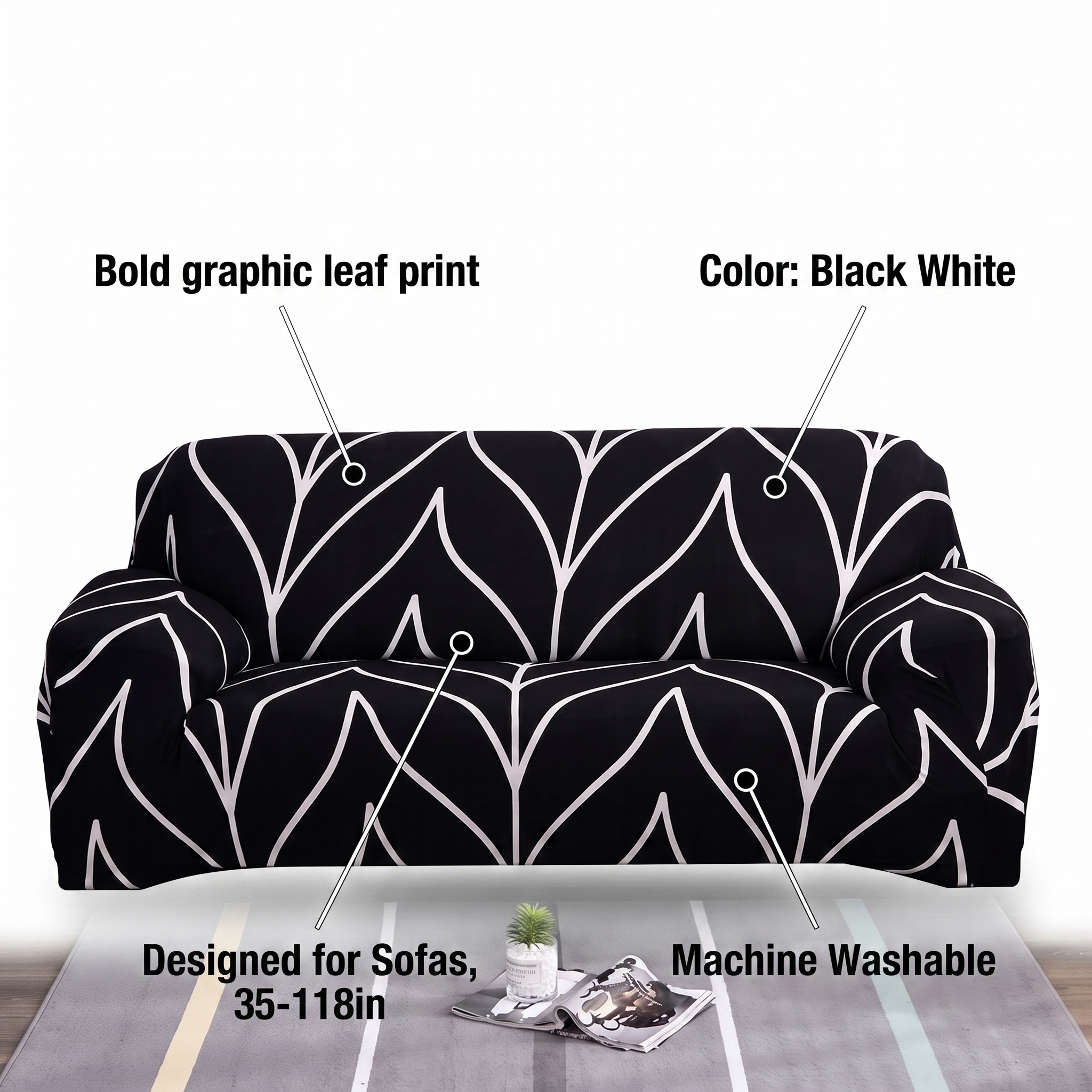Stretch Sofa Slipcover – Black & White Leaf Print – features and specifications overview | Brivenzo