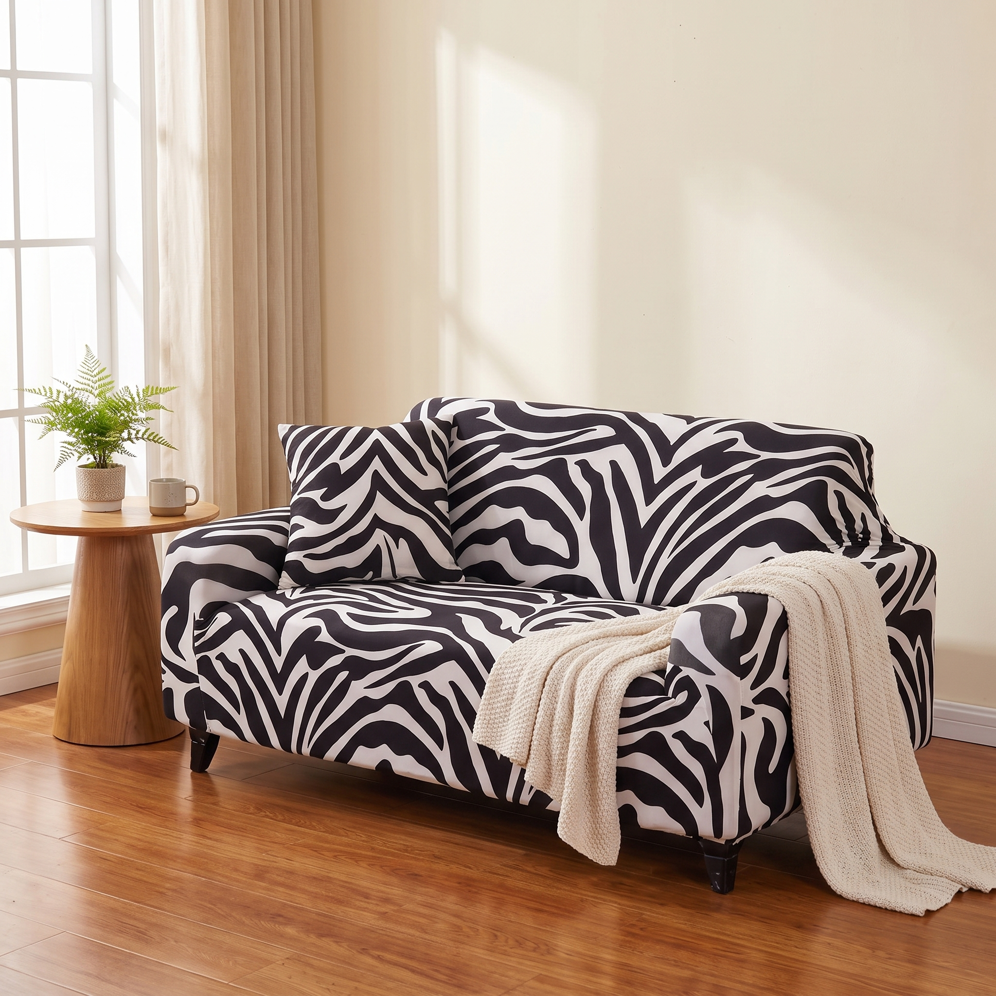 Stretch Sofa Slipcover – Black & White Zebra Print shown in a styled home interior | Brivenzo