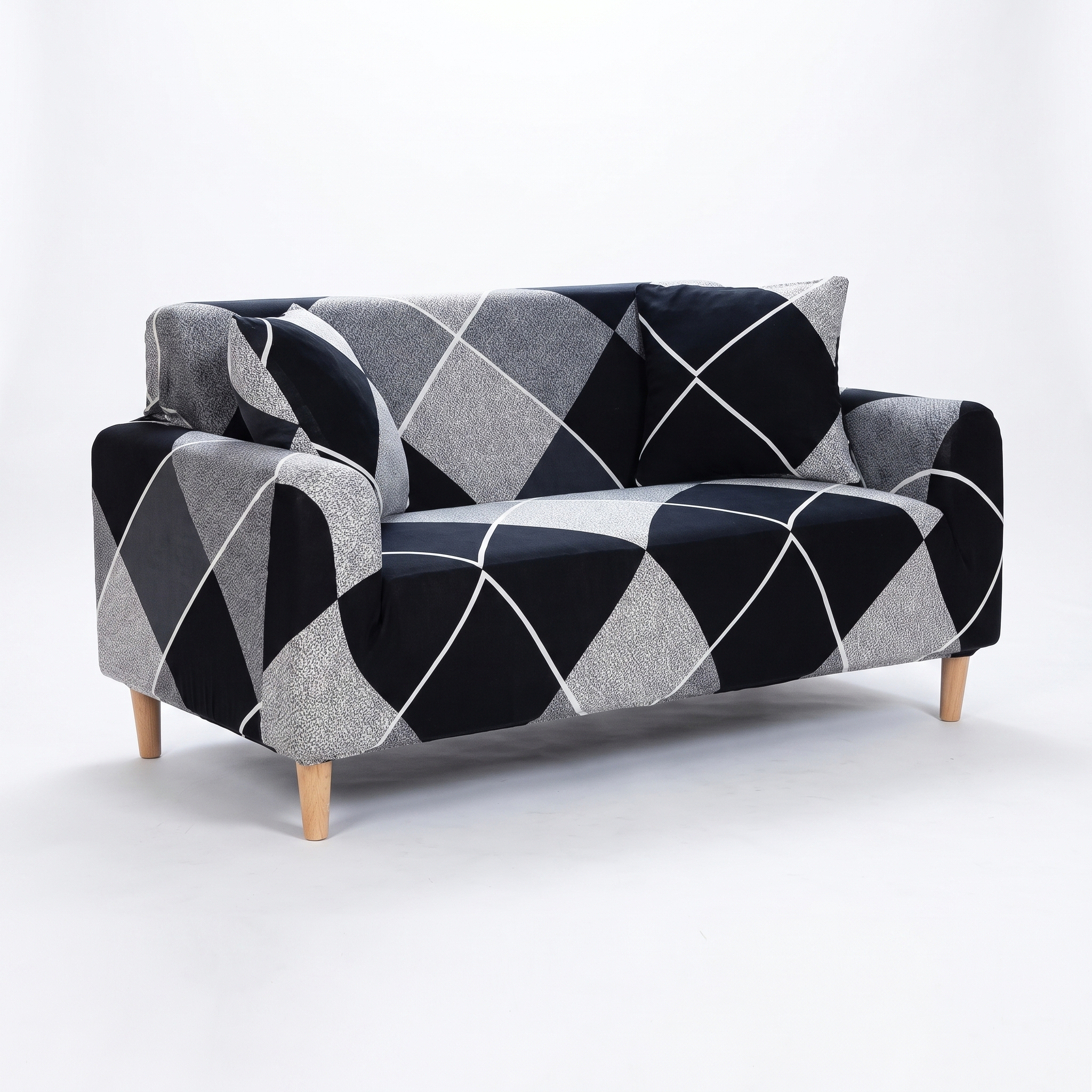 Stretch Sofa Slipcover – Black Grey White Diamond Print – product view 1 | Brivenzo