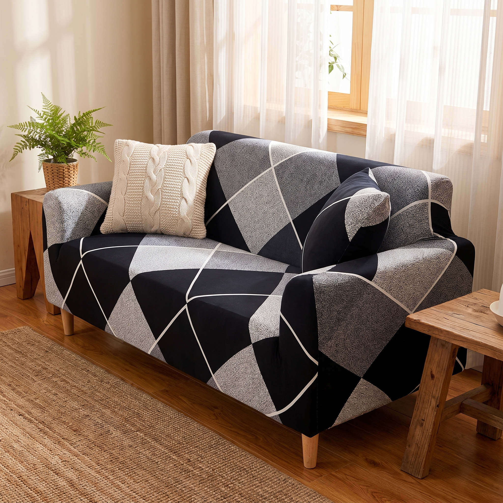 Stretch Sofa Slipcover – Black Grey White Diamond Print – product view 2 | Brivenzo