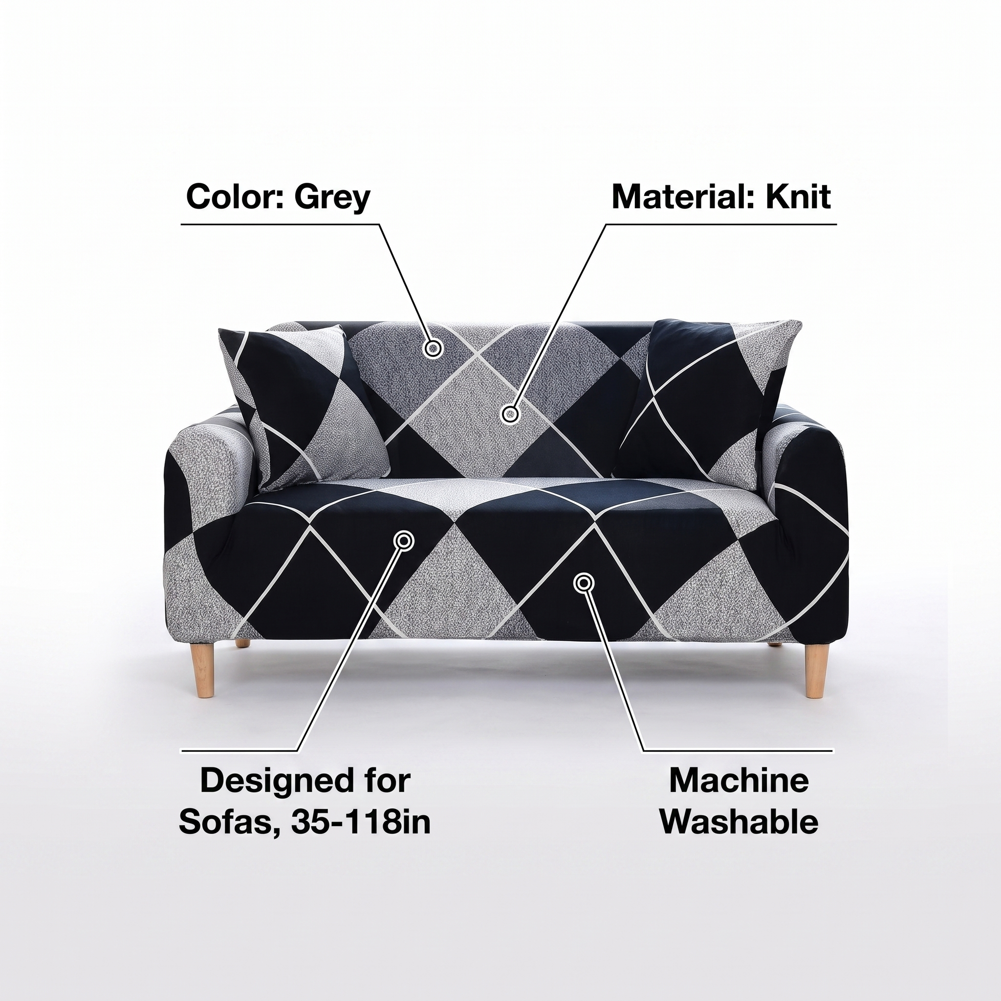 Stretch Sofa Slipcover – Black Grey White Diamond Print – product view 3 | Brivenzo
