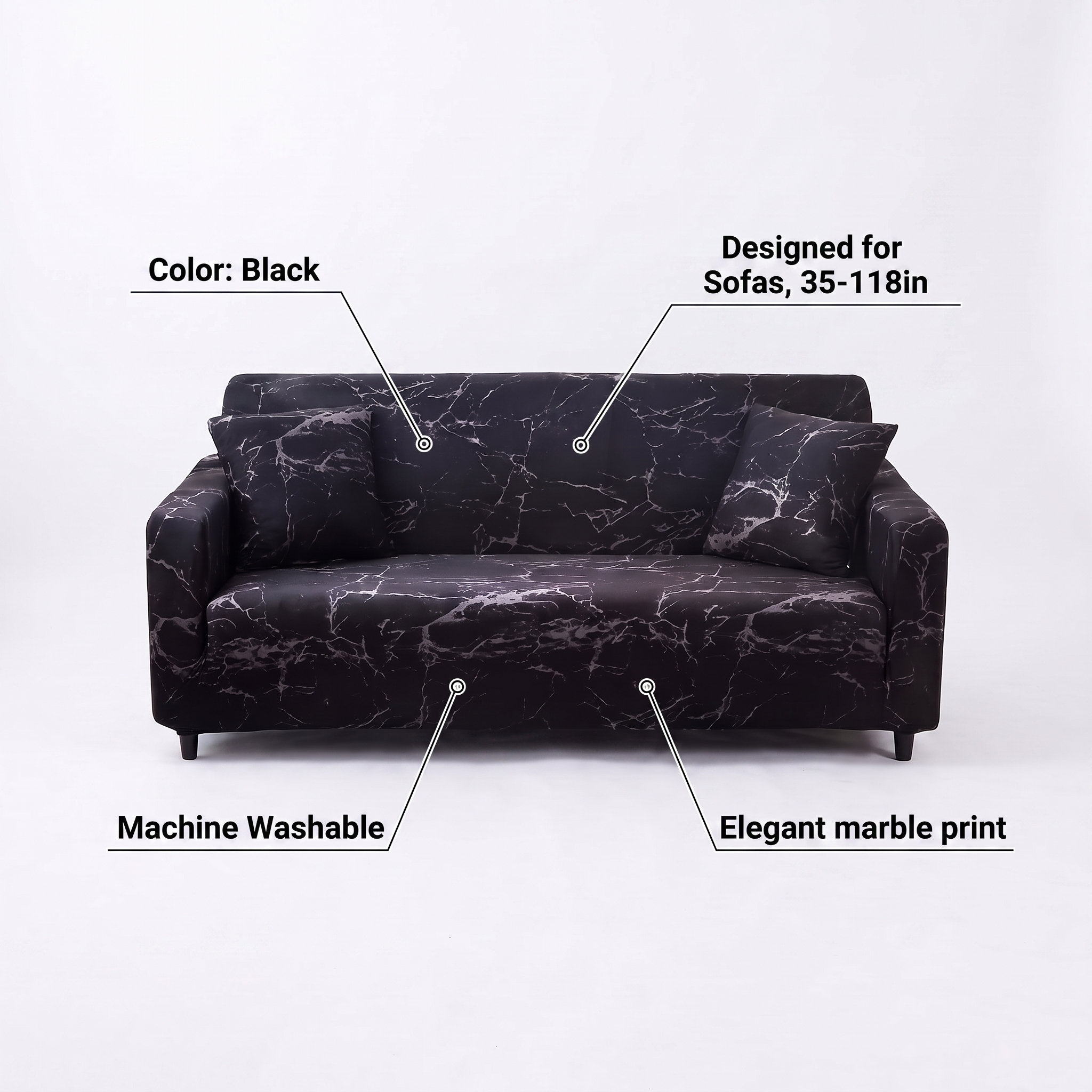 Stretch Sofa Slipcover – Black Marble Print – features and specifications overview | Brivenzo
