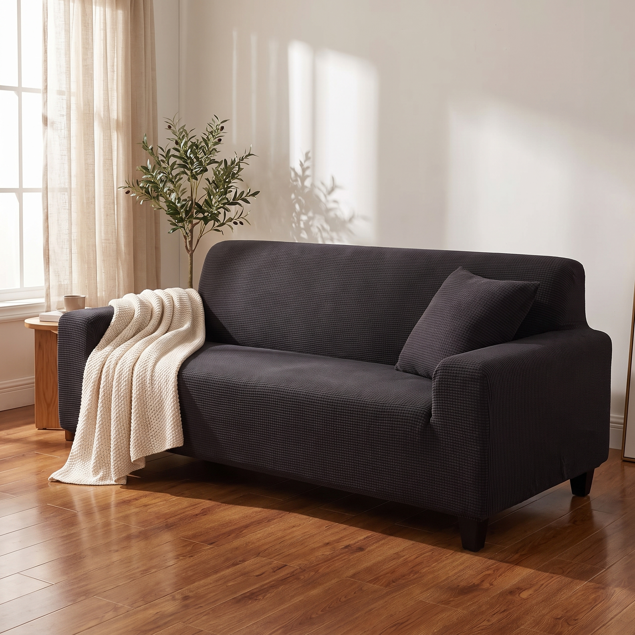 Black waterproof sofa cover in a cozy living room