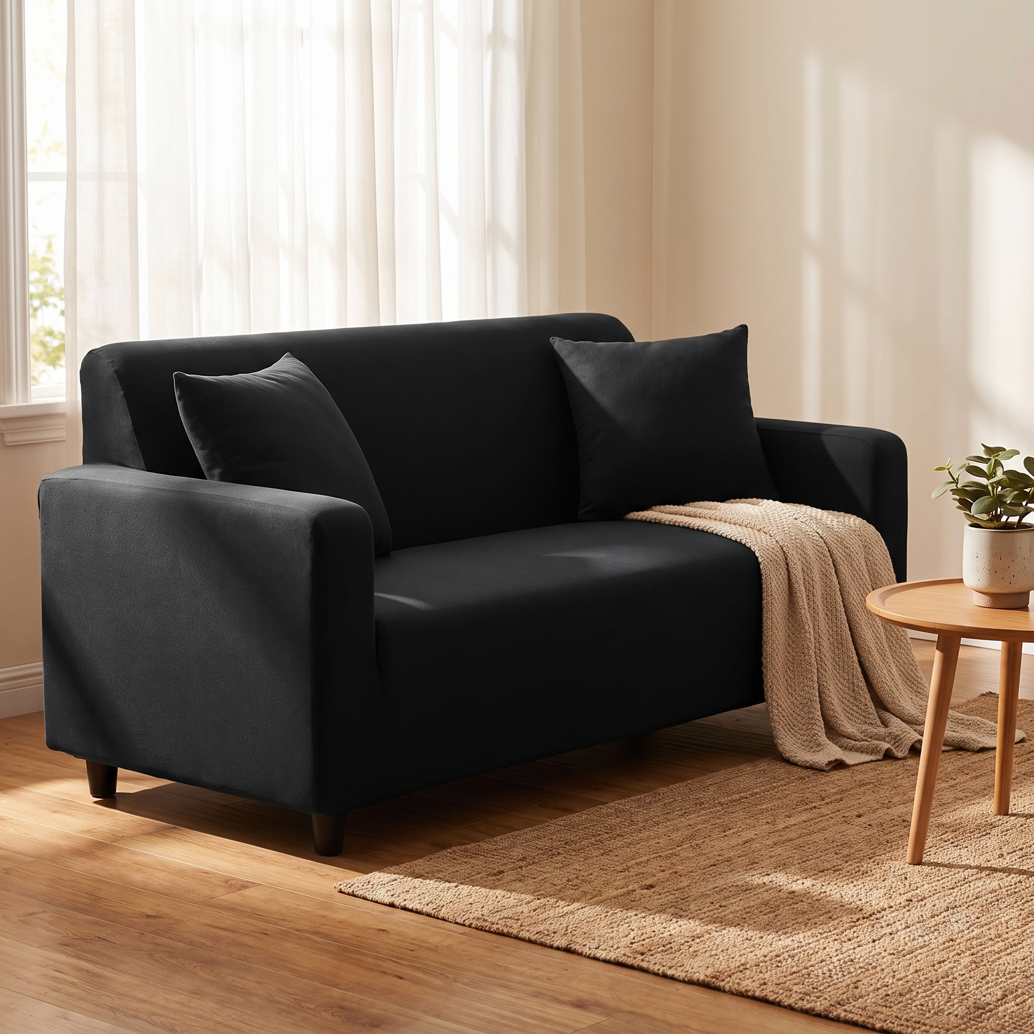 Black stretch sofa slipcover in a cozy living room