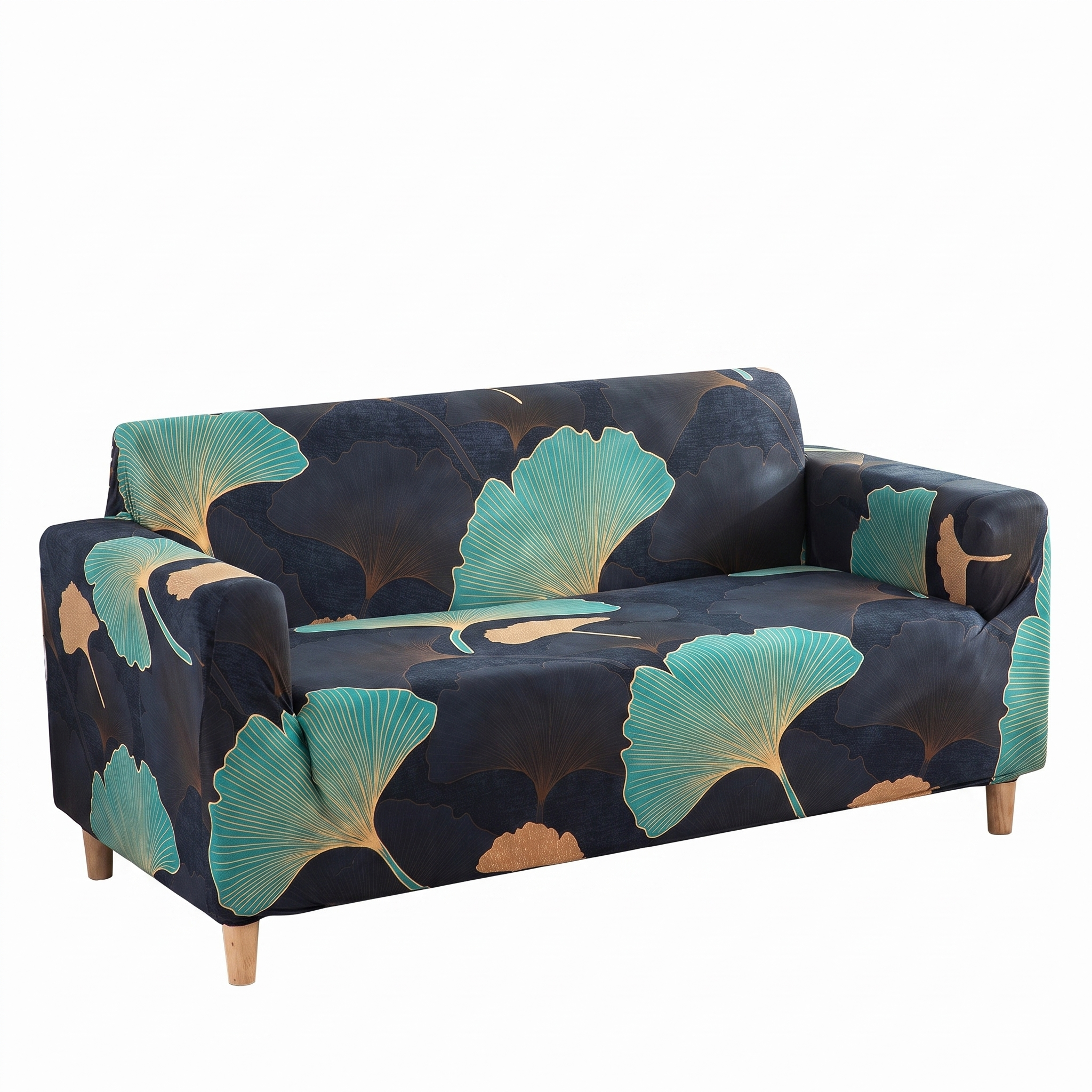 Stretch Sofa Slipcover – Black Teal Gold Ginkgo Leaf Print – product photo on a white background | Brivenzo