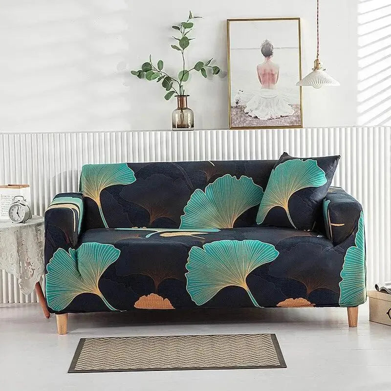Stretch Sofa Slipcover – Black Teal Gold Ginkgo Leaf Print – product view 4 | Brivenzo