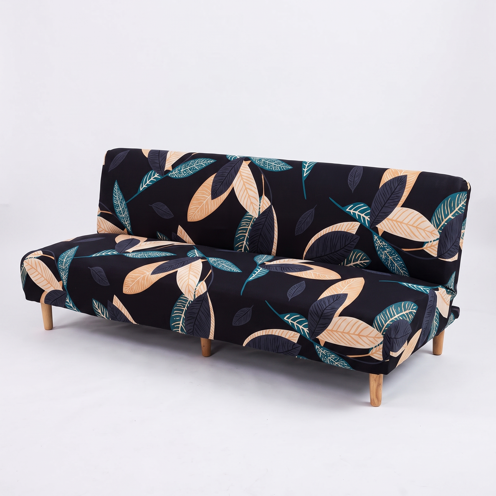 Stretch Sofa Slipcover – Black Teal Leaf Print Sofa Bed – product photo on a white background | Brivenzo