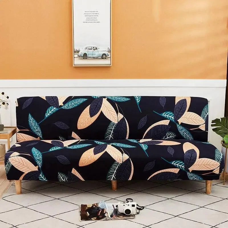 Stretch Sofa Slipcover – Black Teal Leaf Print Sofa Bed – product view 4 | Brivenzo