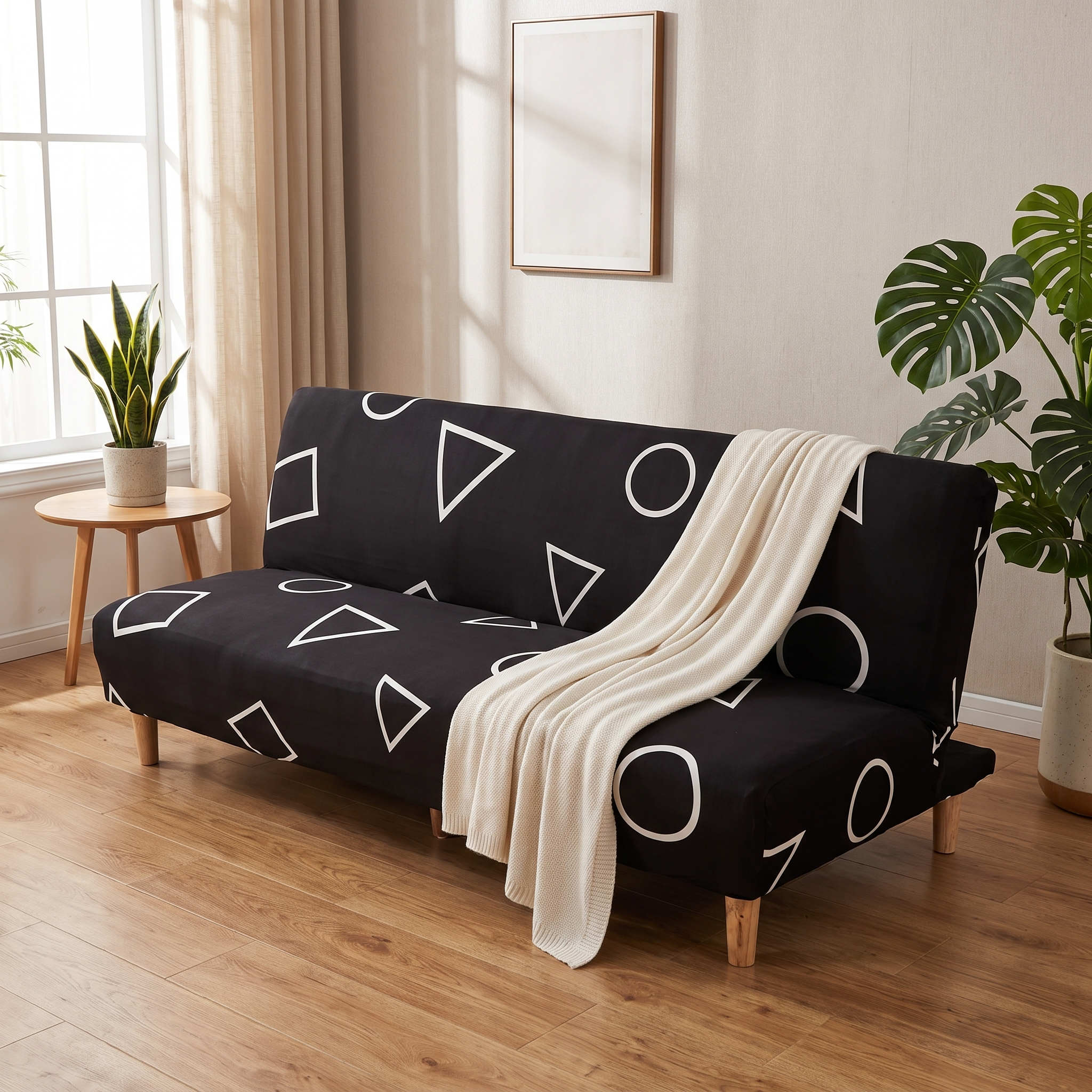 Stretch Sofa Slipcover – Black White Geometric Shapes Print Sofa Bed shown in a styled home interior | Brivenzo