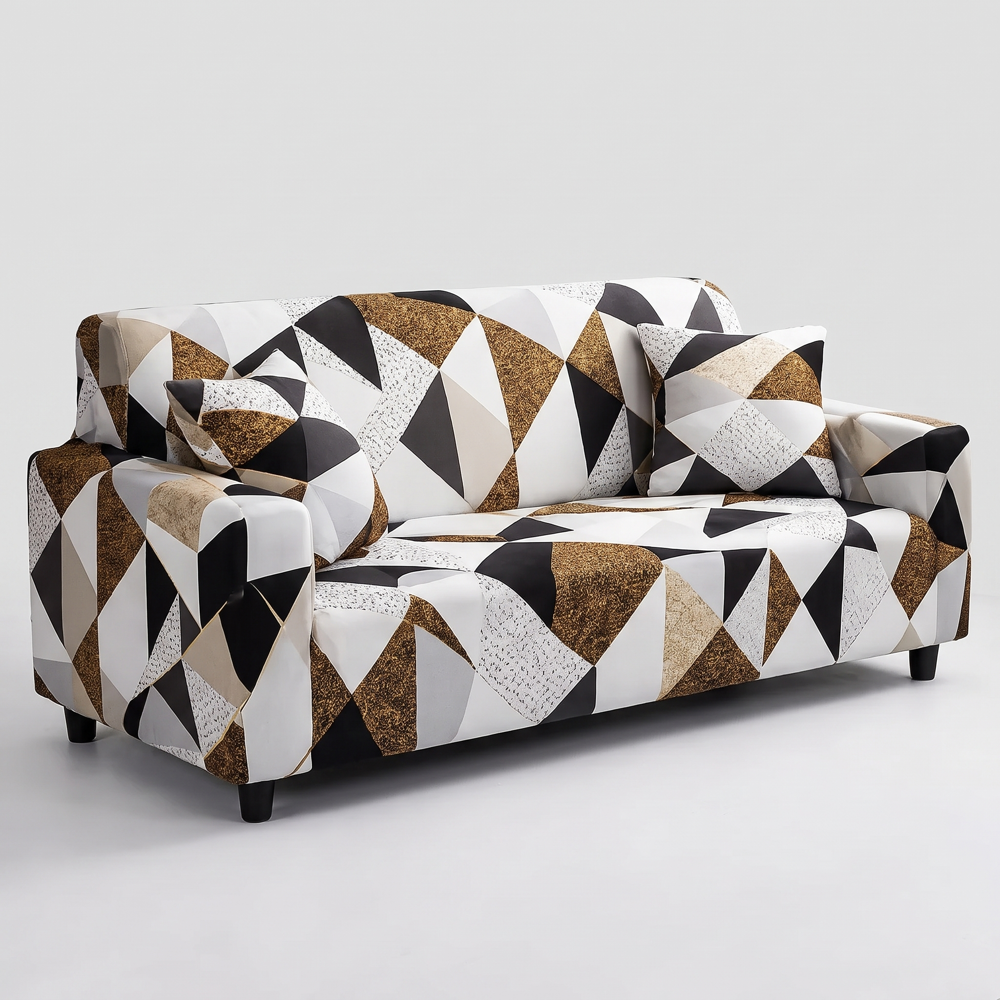 Stretch Sofa Slipcover – Black White Gold Geometric Triangle Print – product photo on a white background | Brivenzo