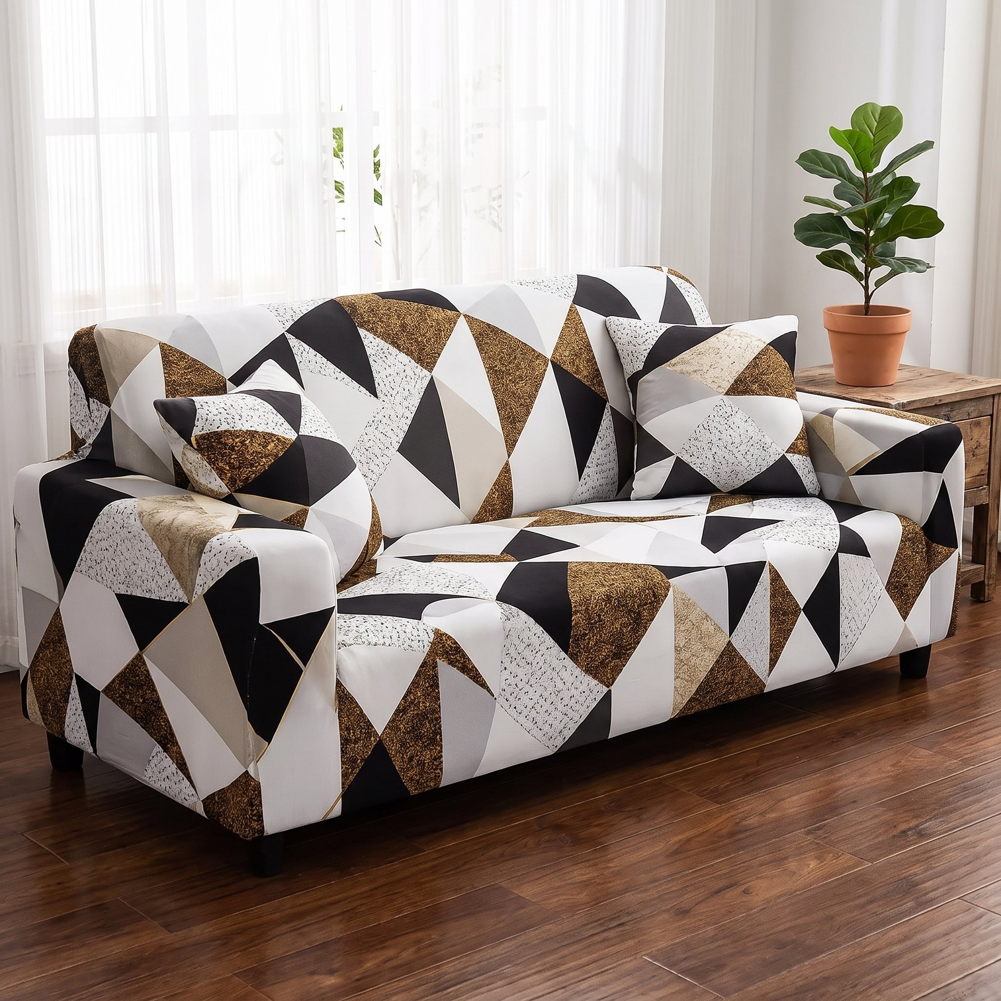Stretch Sofa Slipcover – Black White Gold Geometric Triangle Print shown in a styled home interior | Brivenzo
