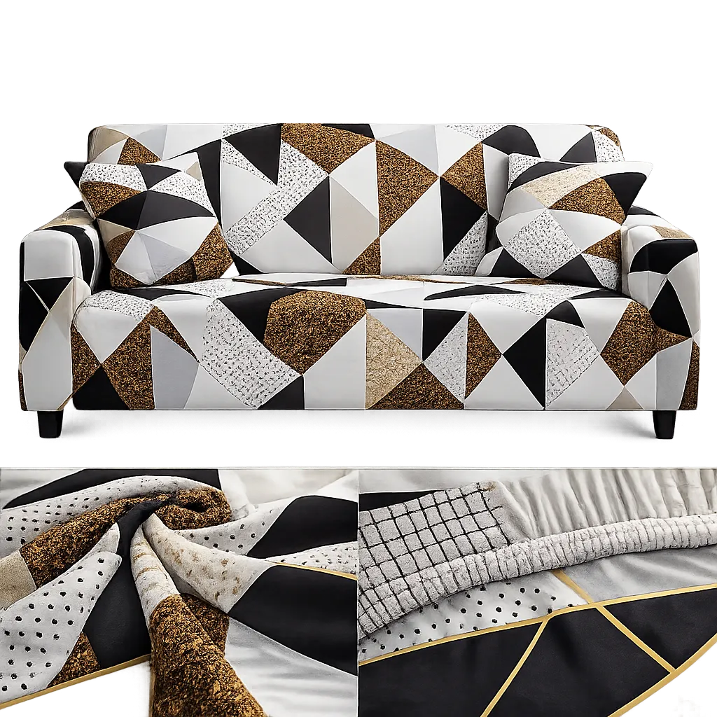 Stretch Sofa Slipcover – Black White Gold Geometric Triangle Print – product view 4 | Brivenzo