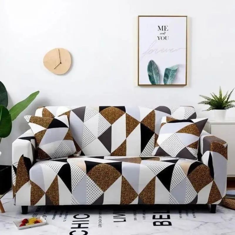 Stretch Sofa Slipcover – Black White Gold Geometric Triangle Print – product view 5 | Brivenzo