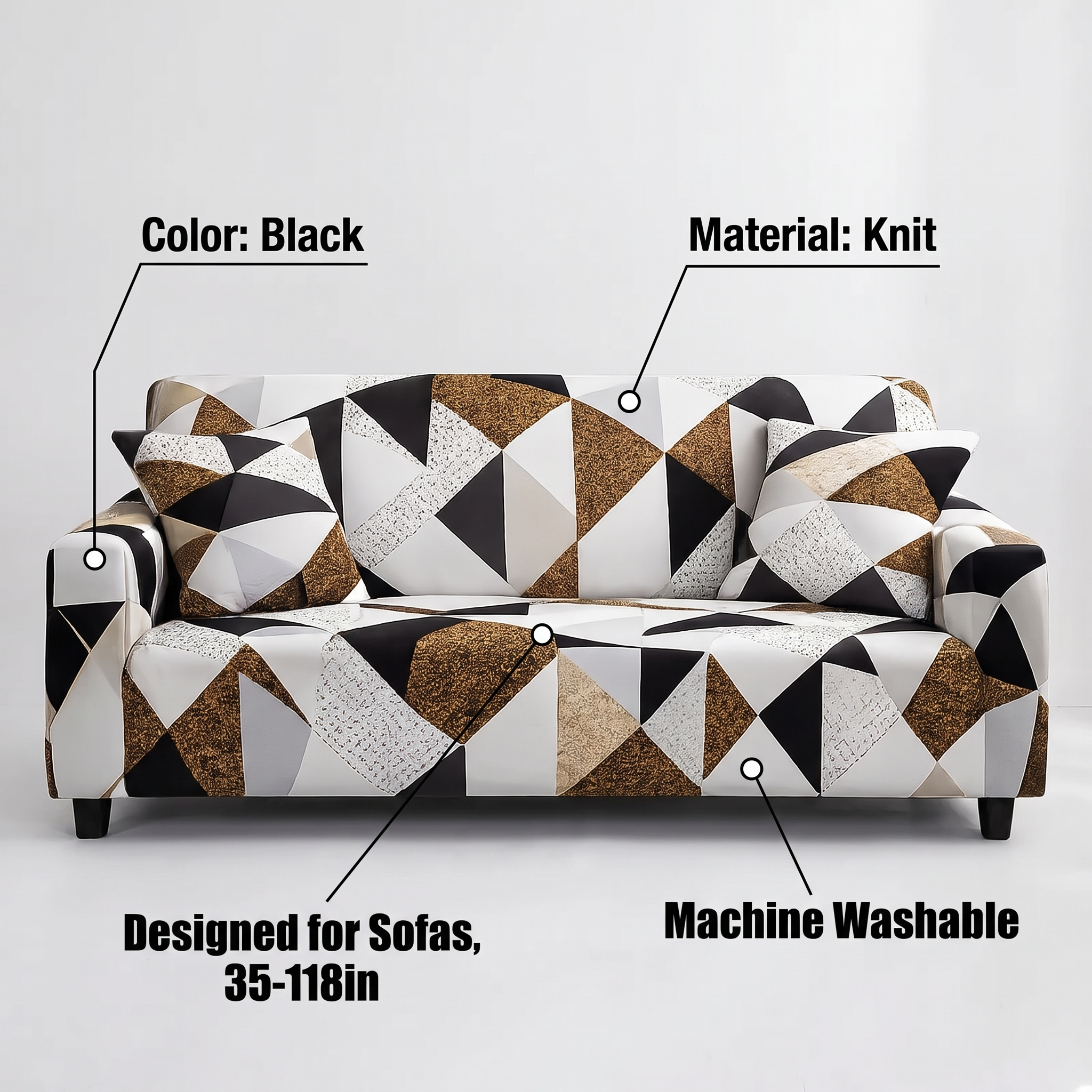 Stretch Sofa Slipcover – Black White Gold Geometric Triangle Print – features and specifications overview | Brivenzo